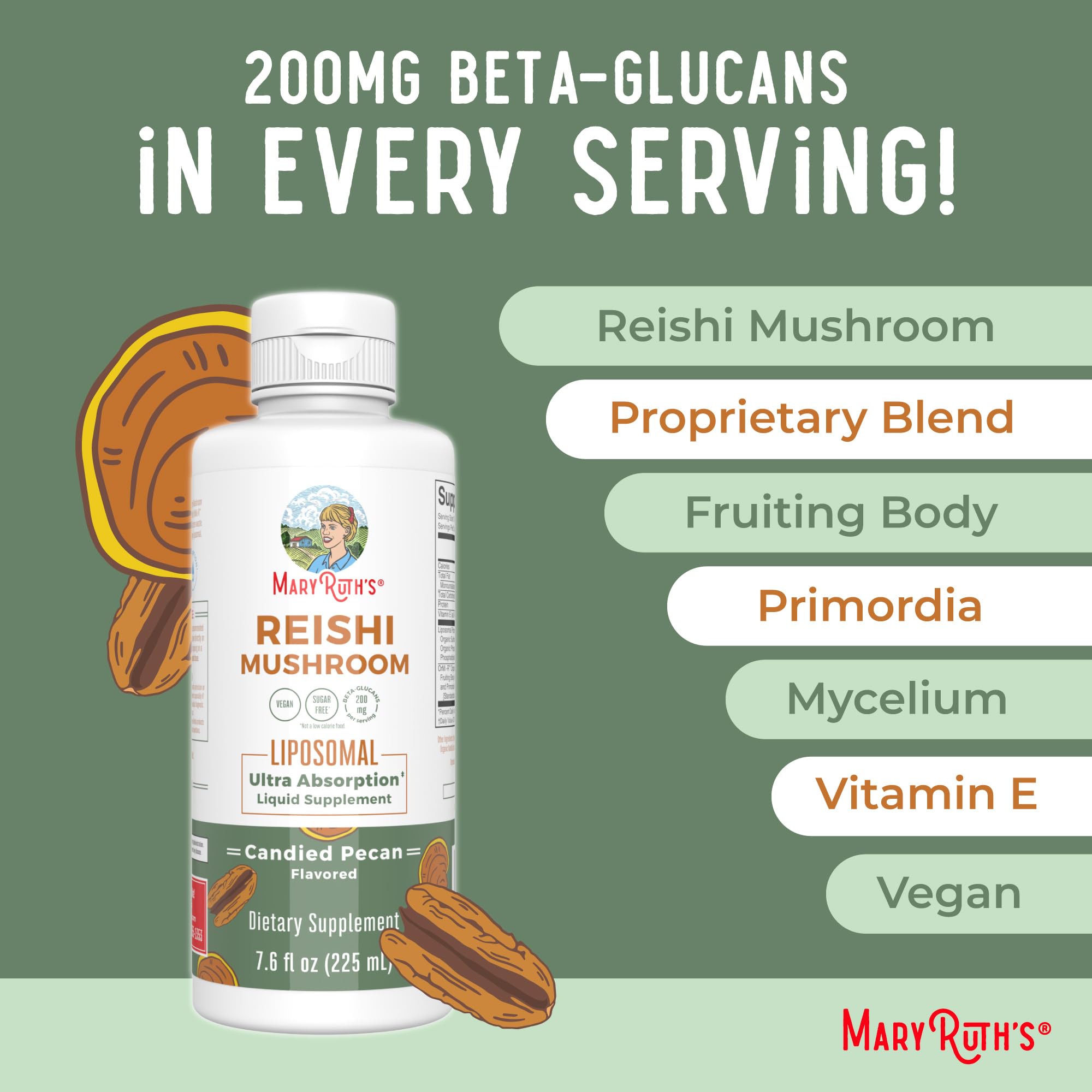 MaryRuth Organics Reishi Vegan Mushroom Supplement | Ultra Absorption Liposomal | Immune Support with 200mg Beta-Glucans, Vegan |Full Spectrum Reishi Mushrooms Fruiting Body | 7.6 oz, MARYRUTH'SBuy Supplements Australia