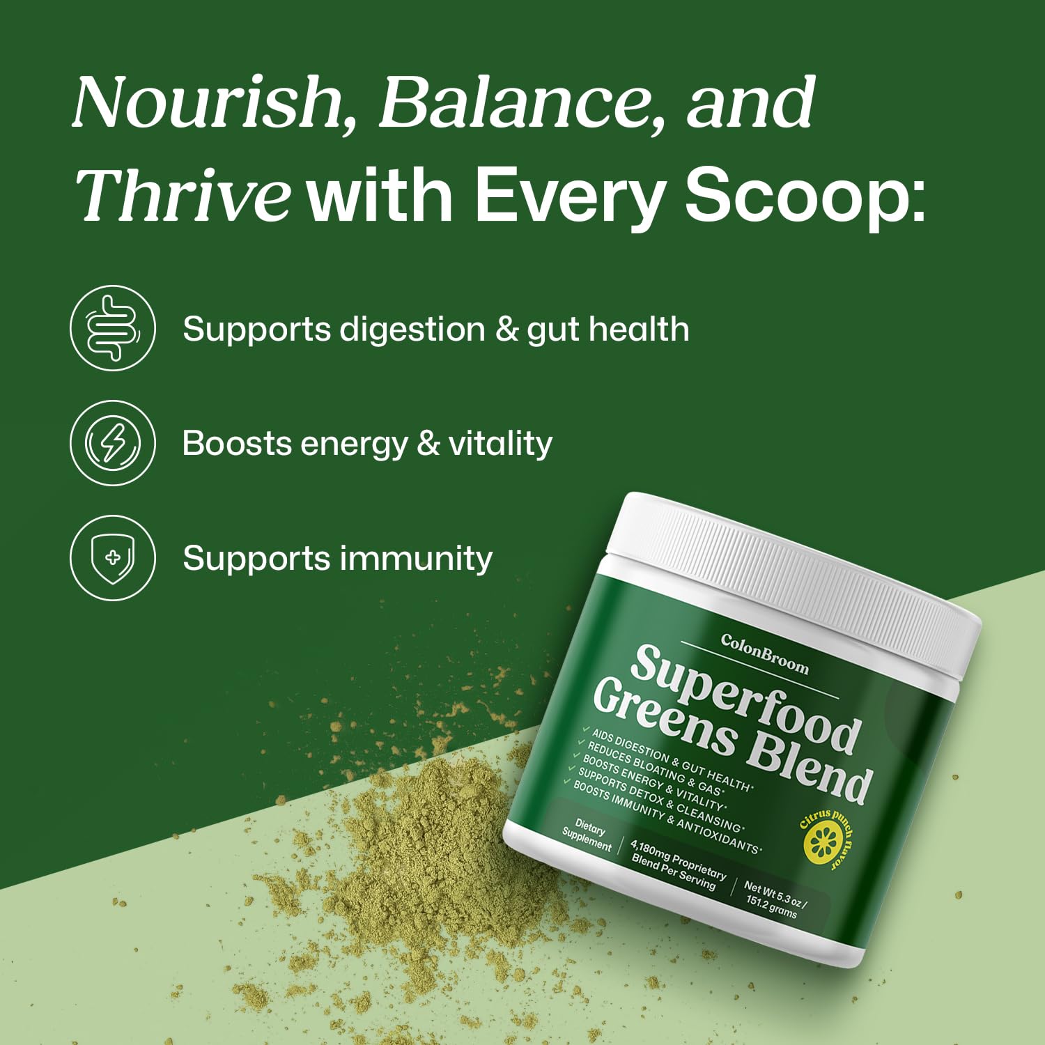 ColonBroom Superfood Greens Powder Supplement | Super Greens Juice Powder with Probiotics, Prebiotics, Spirulina & Chlorella | Natural for Energy, Immunity, Digestion & Detox Support | 28 Servings ColonBroomBuy Supplements Australia
