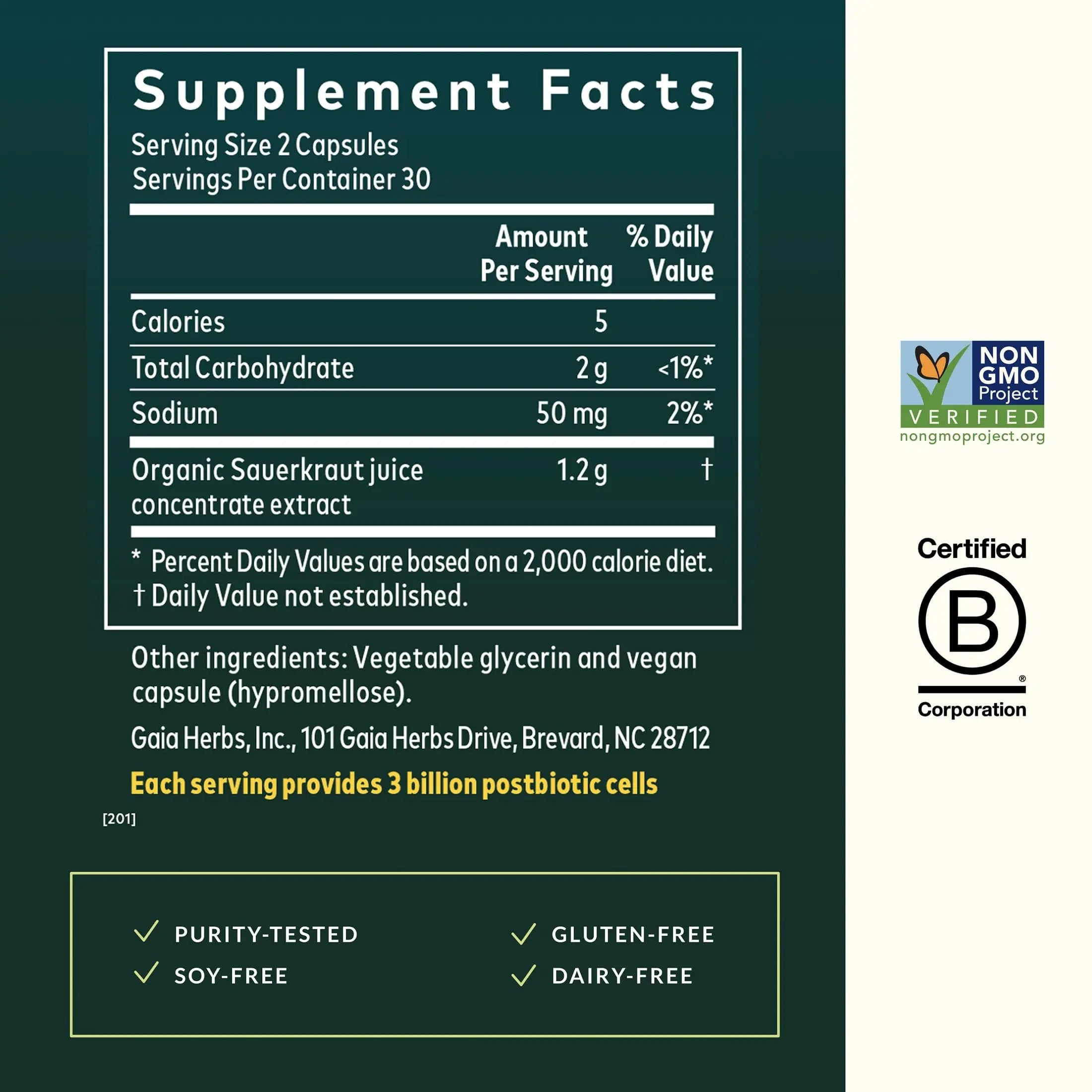 Gaia Herbs Sauerkraut Postbiotic - Gut Health & Immune Support Supplement* - Made with Fermented Sauerkraut - Free from Dairy, Soy & Gluten - 60 Vegan Liquid Phyto-Caps (30 Servings) Gaia HerbsBuy Supplements Australia