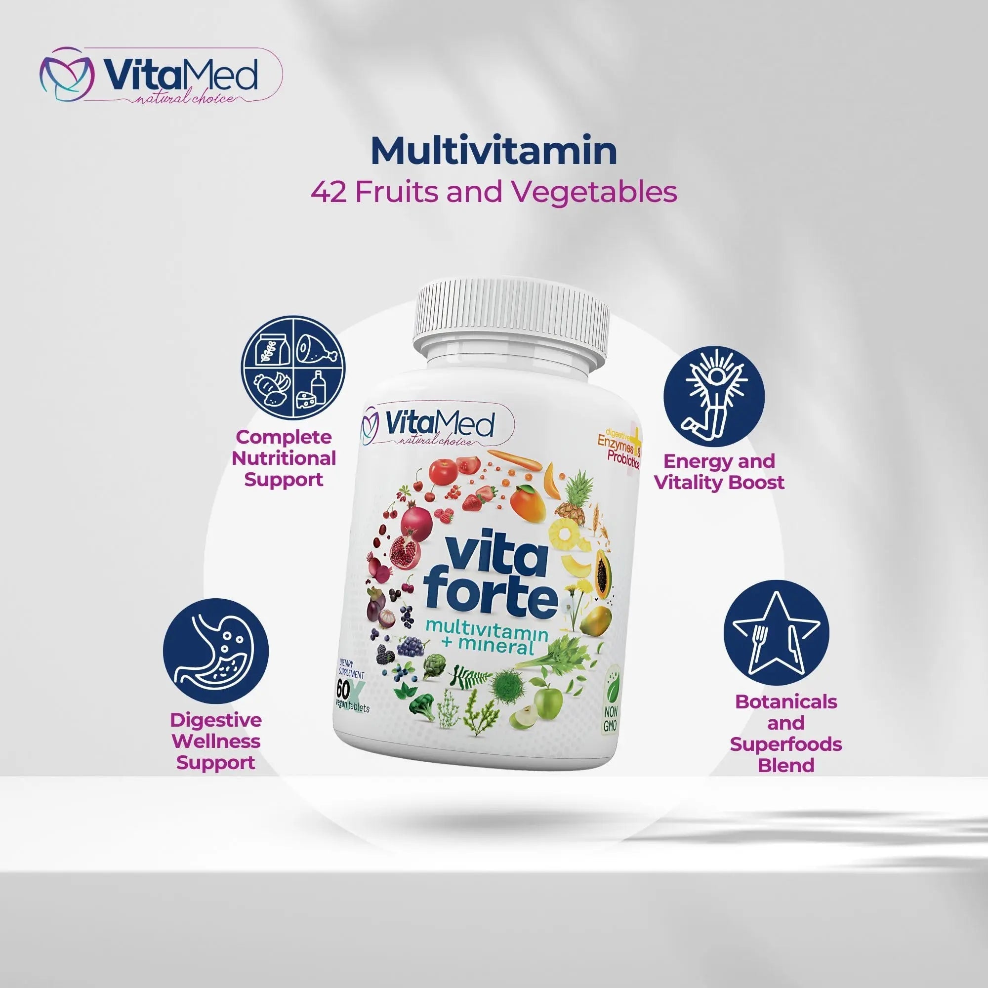 Vita Forte Vegan Multivitamin with Probiotics, Digestive Enzymes & 42 Fruits & Vegetables – Halal Certified VitaMedBuy Supplements Australia