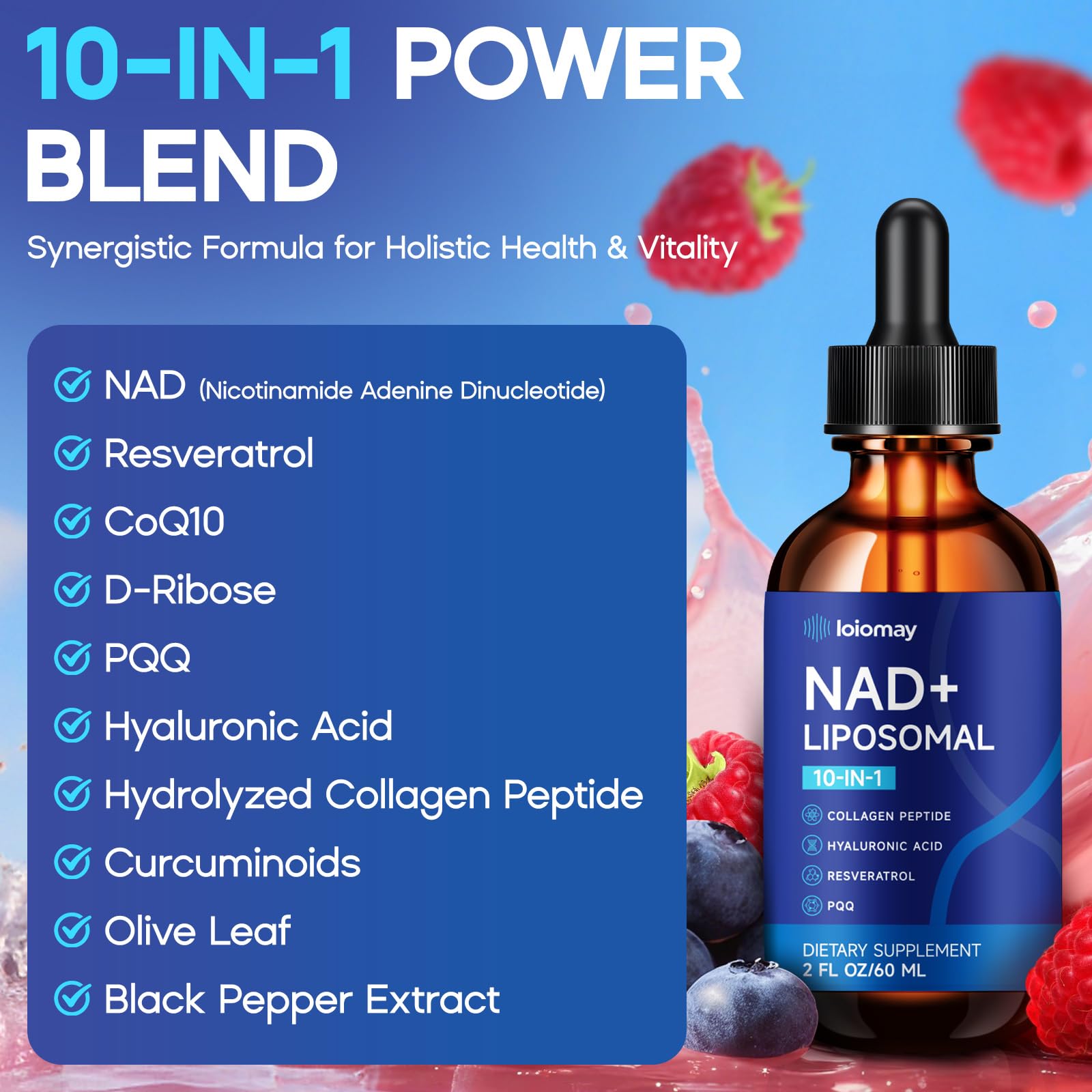 Liposomal NAD Liquid Supplement - 1500mg NAD+ Drops for Women & Men with Resveratrol & Nicotinamide Riboside, PQQ, Collagen & Turmeric for Anti-Aging & Longevity, Cellular Energy Health, 2 Fl Oz loiomayBuy Supplements Australia