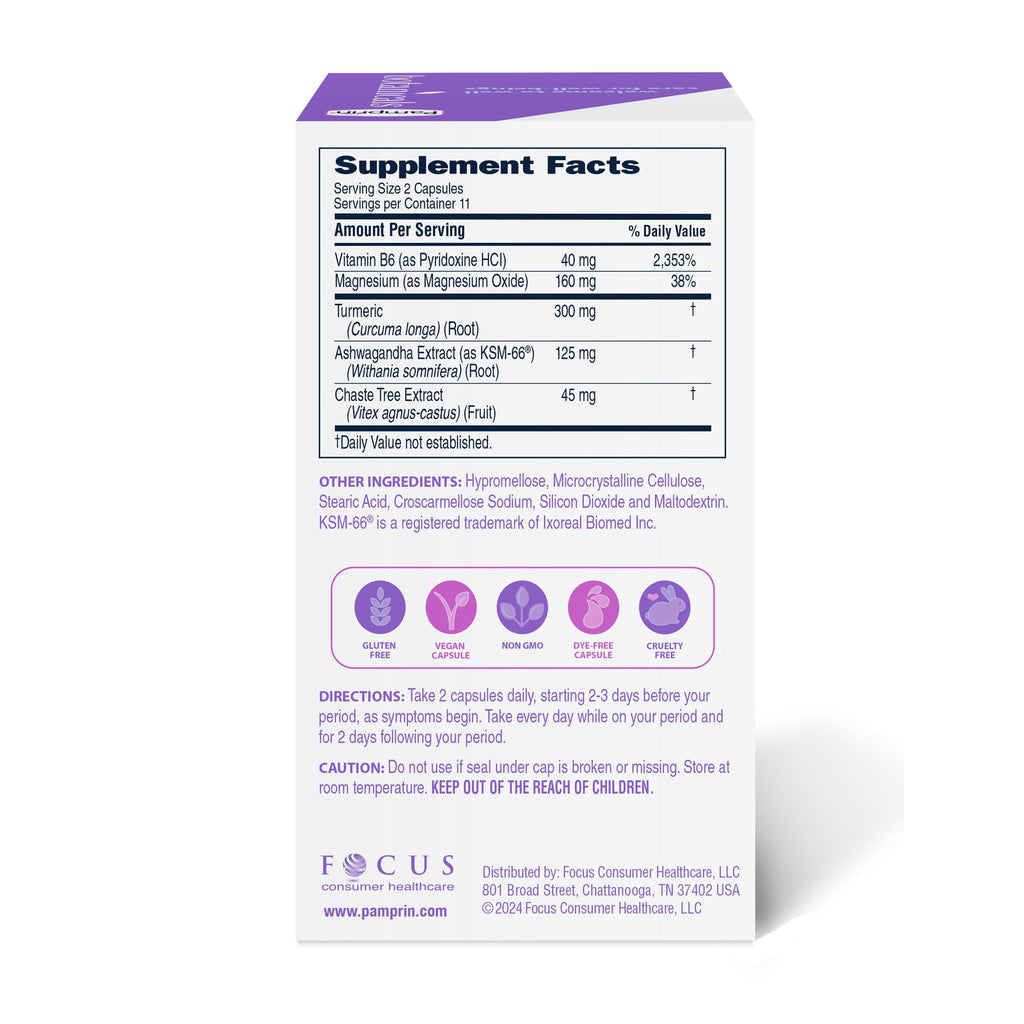 Pamprin Botanicals Supplement for PMS & Period Support, with Ashwagandha, Magnesium, Turmeric, Vitamin B6, Chasteberry, 22 Count PamprinBuy Supplements Australia