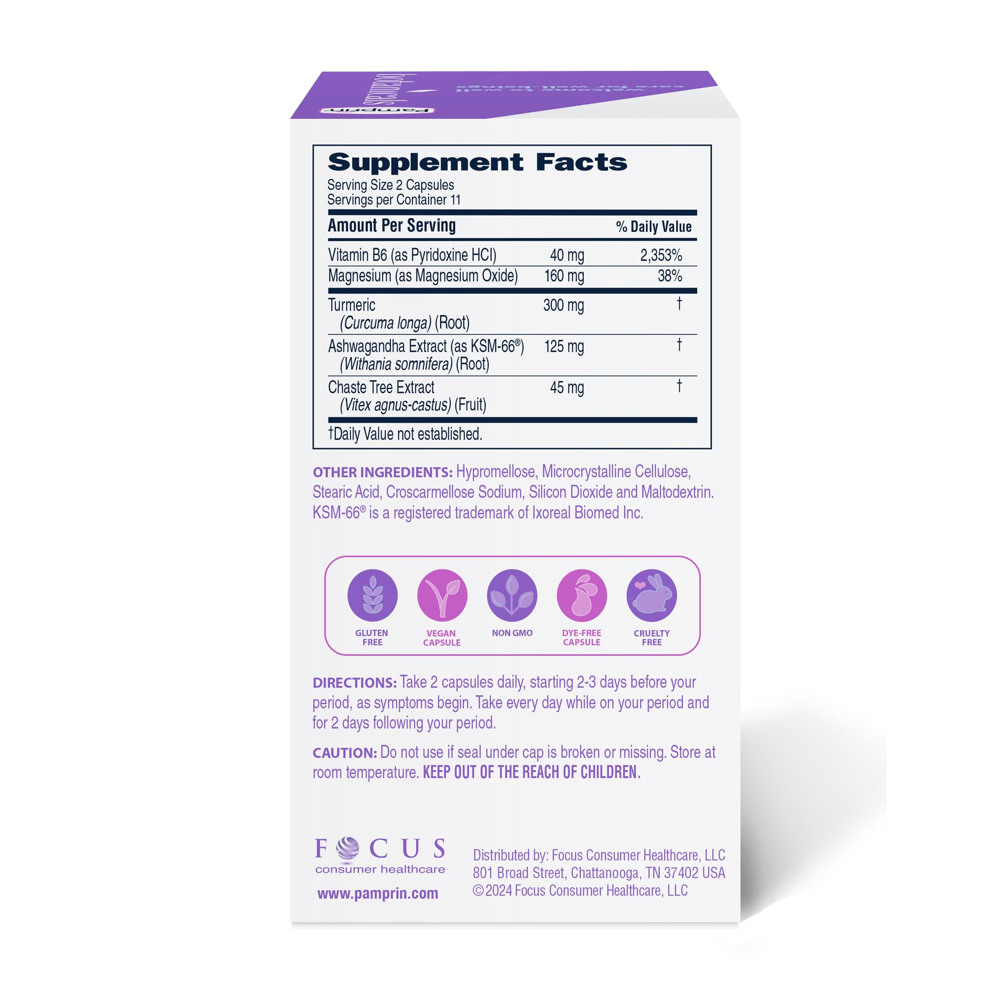 Pamprin Botanicals Supplement for PMS & Period Support, with Ashwagandha, Magnesium, Turmeric, Vitamin B6, Chasteberry, 22 Count PamprinBuy Supplements Australia