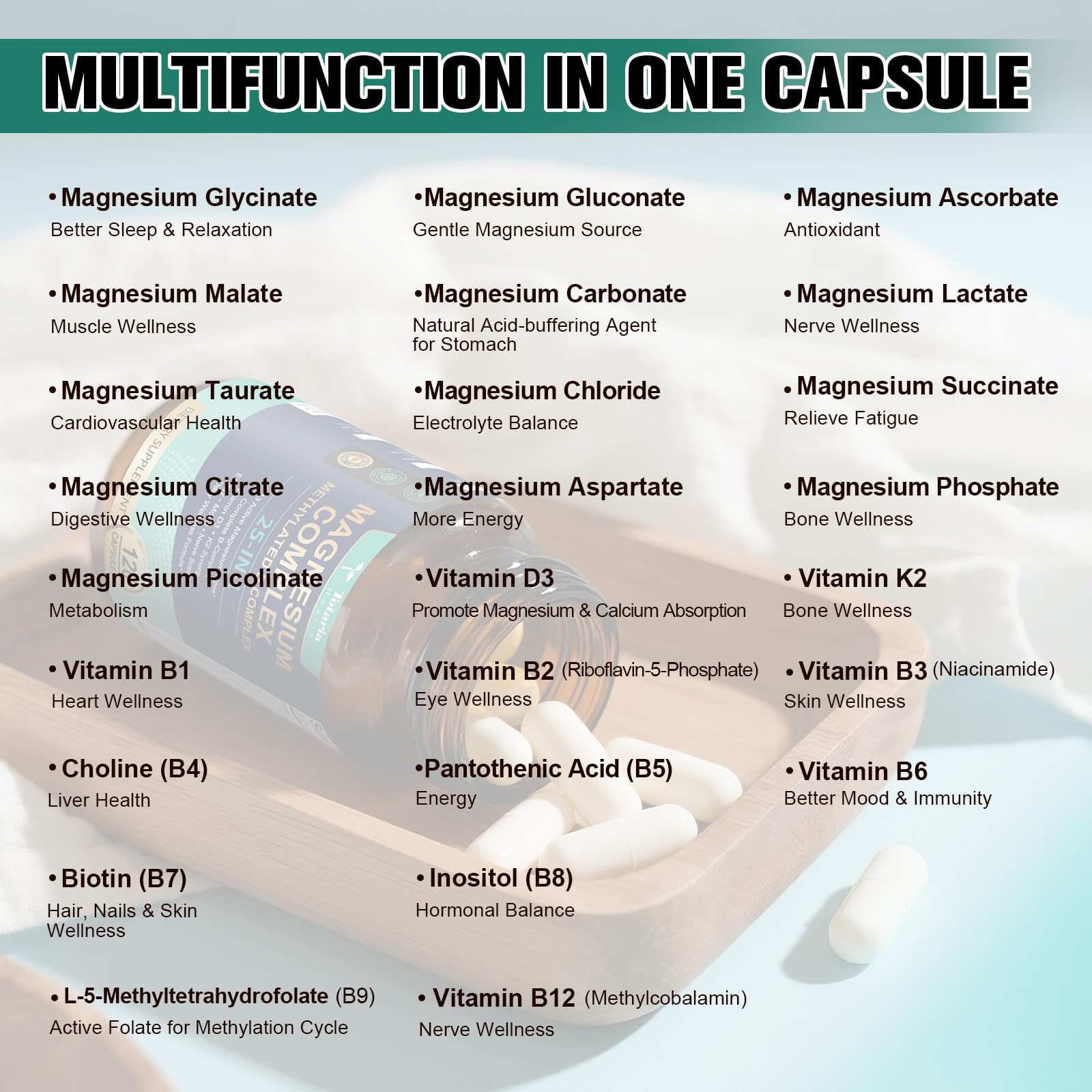 25-in-1 Magnesium Complex with Methylated B Complex Magnesium Glycinate Citrate Malate Taurate Gluconate Aspartate Carbonate D3 K2, Magnesium Supplement