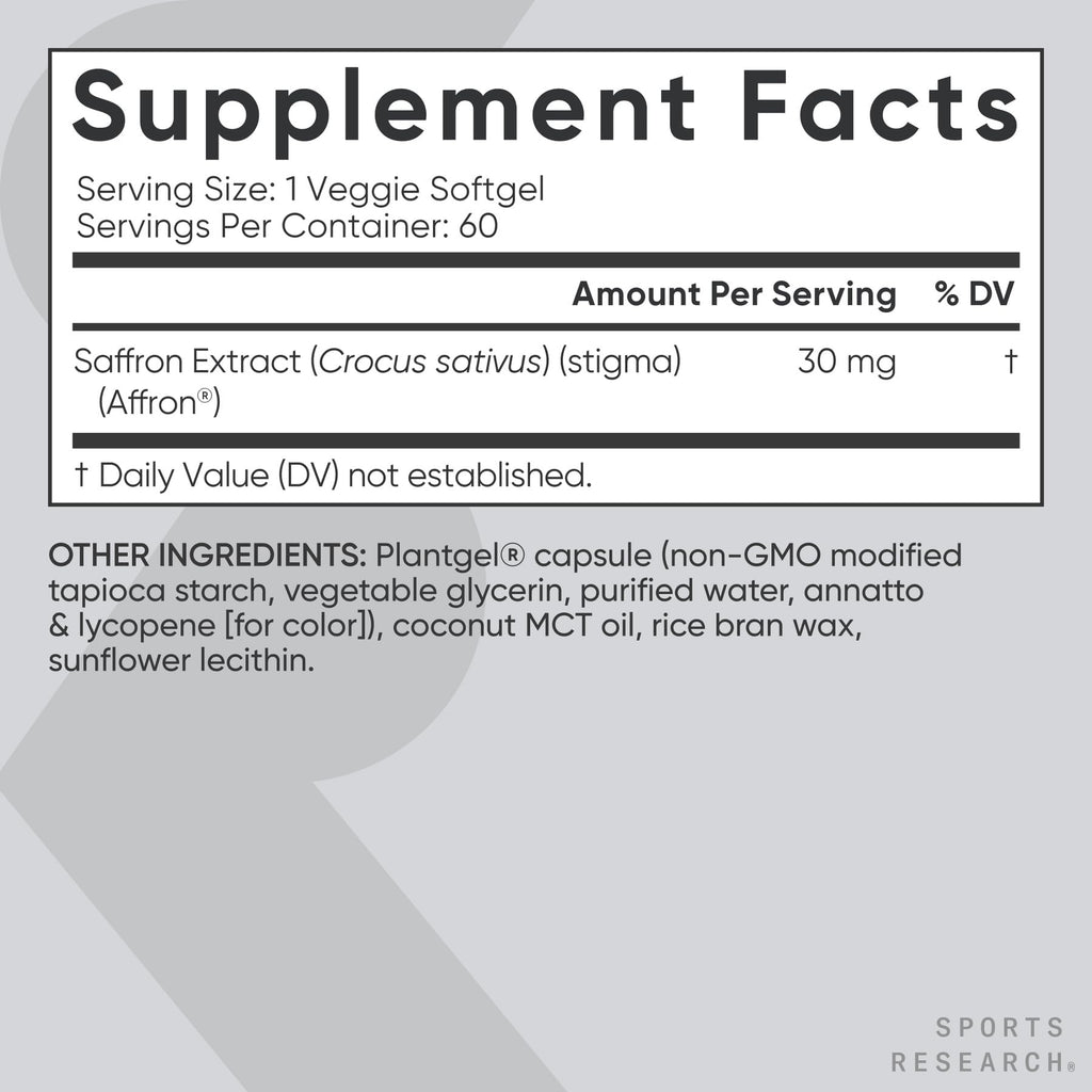 Sports Research® Pure Saffron Supplement, 30 mg - Mood & Stress Support - Made w/Affron® Saffron Extract - Vegan Certified · Non-GMO · Gluten Free – 60 Veggie Softgels Sports Research buy supplements Au