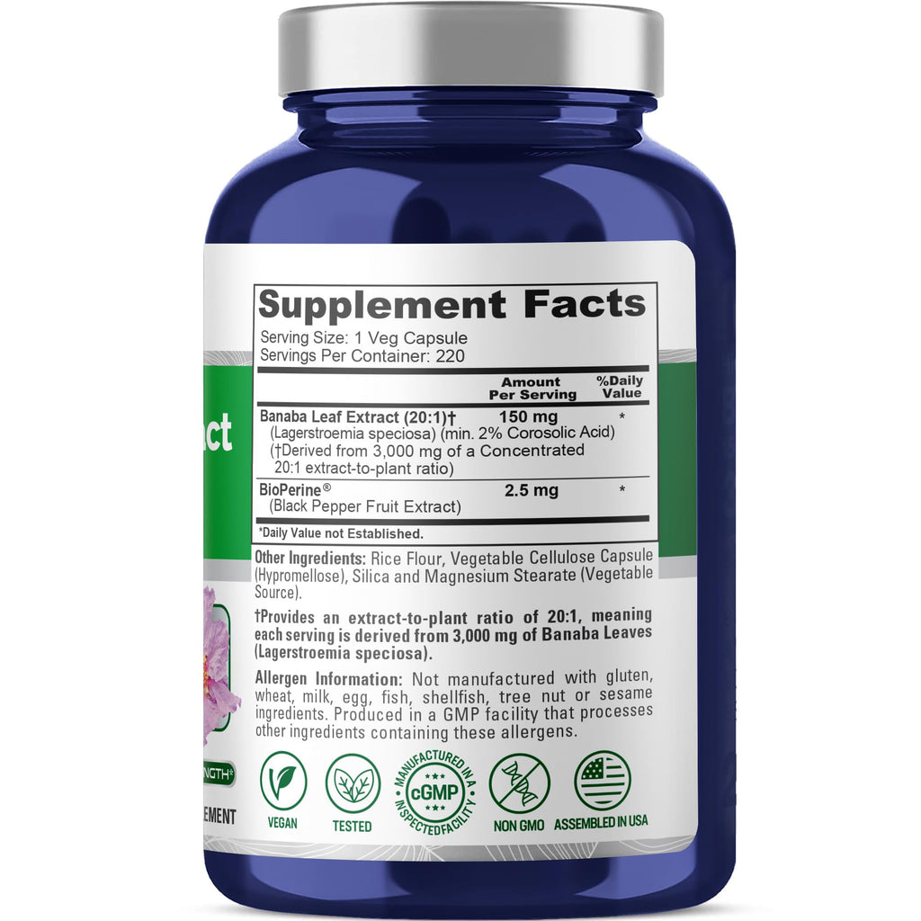NusaPure Banaba Leaf 20:1 Extract, 150 mg Equivalent to 3,000mg Veg Caps, 220 Days Supply (Non-GMO & Vegan) 2% Corosolic Acid NusaPureBuy Supplements Australia