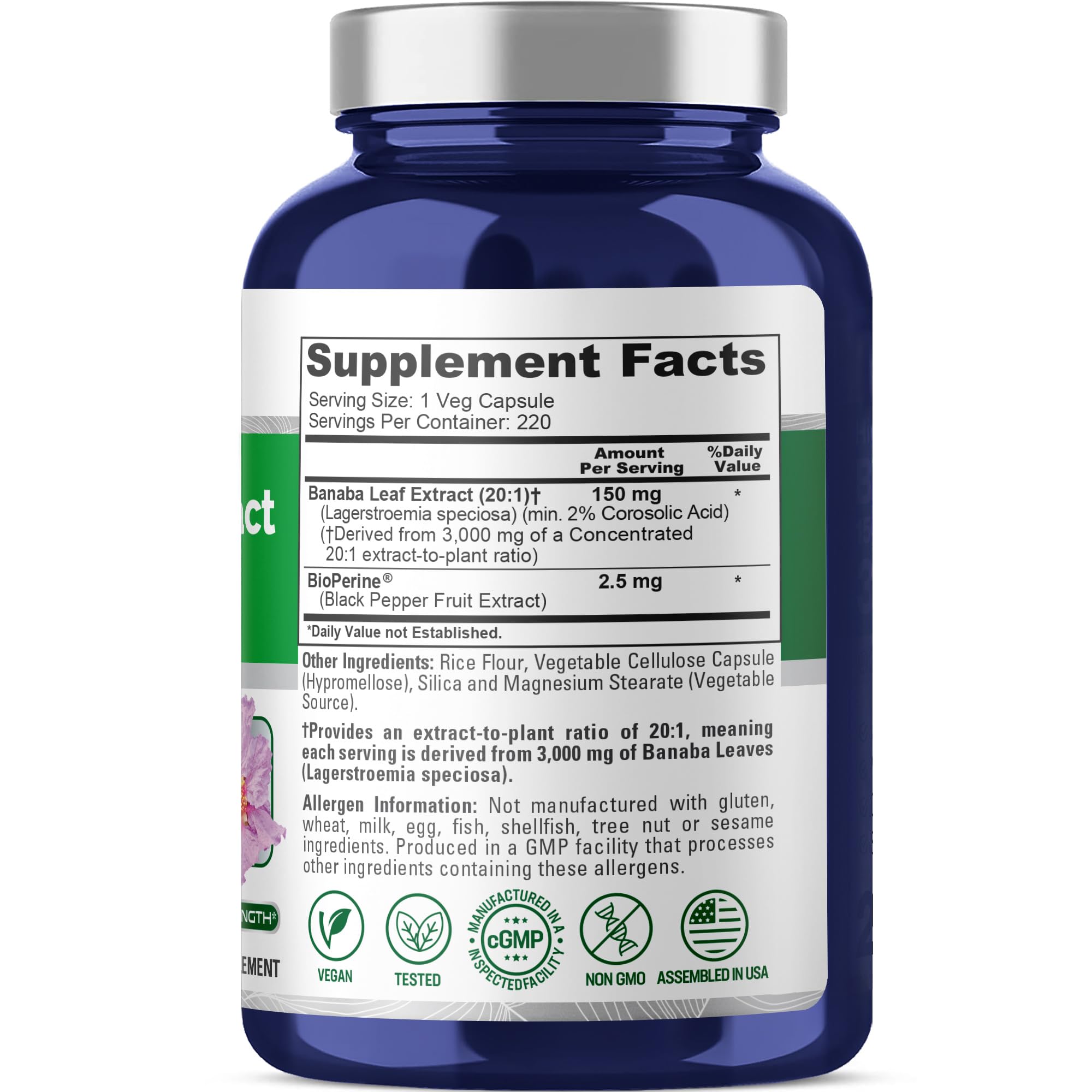 NusaPure Banaba Leaf 20:1 Extract, 150 mg Equivalent to 3,000mg Veg Caps, 220 Days Supply (Non-GMO & Vegan) 2% Corosolic Acid NusaPureBuy Supplements Australia