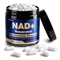 Supplement container labeled NAD+ Resveratrol with white capsules on a white background