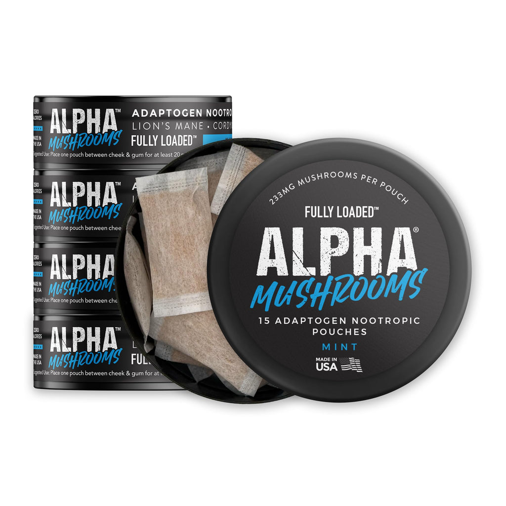 Fully Loaded Alpha Mushrooms - Adaptogen Nootropic Pouches (5-Pack, Mint) - - Lion's Mane, Cordyceps, & Chaga - 5 cans, 15 Pouches per can - Functional Mushrooms - Made in The USA Fully Loaded BullseyeBuy Supplements Australia