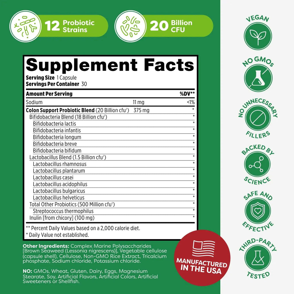 Probulin Colon Support Probiotic Supplement, Daily Gut, Digestive, and Immune Health Probiotics Capsules for Men and Women, 20 Billion CFU, Vegan, 30 Count Bottle ProbulinBuy Supplements Australia