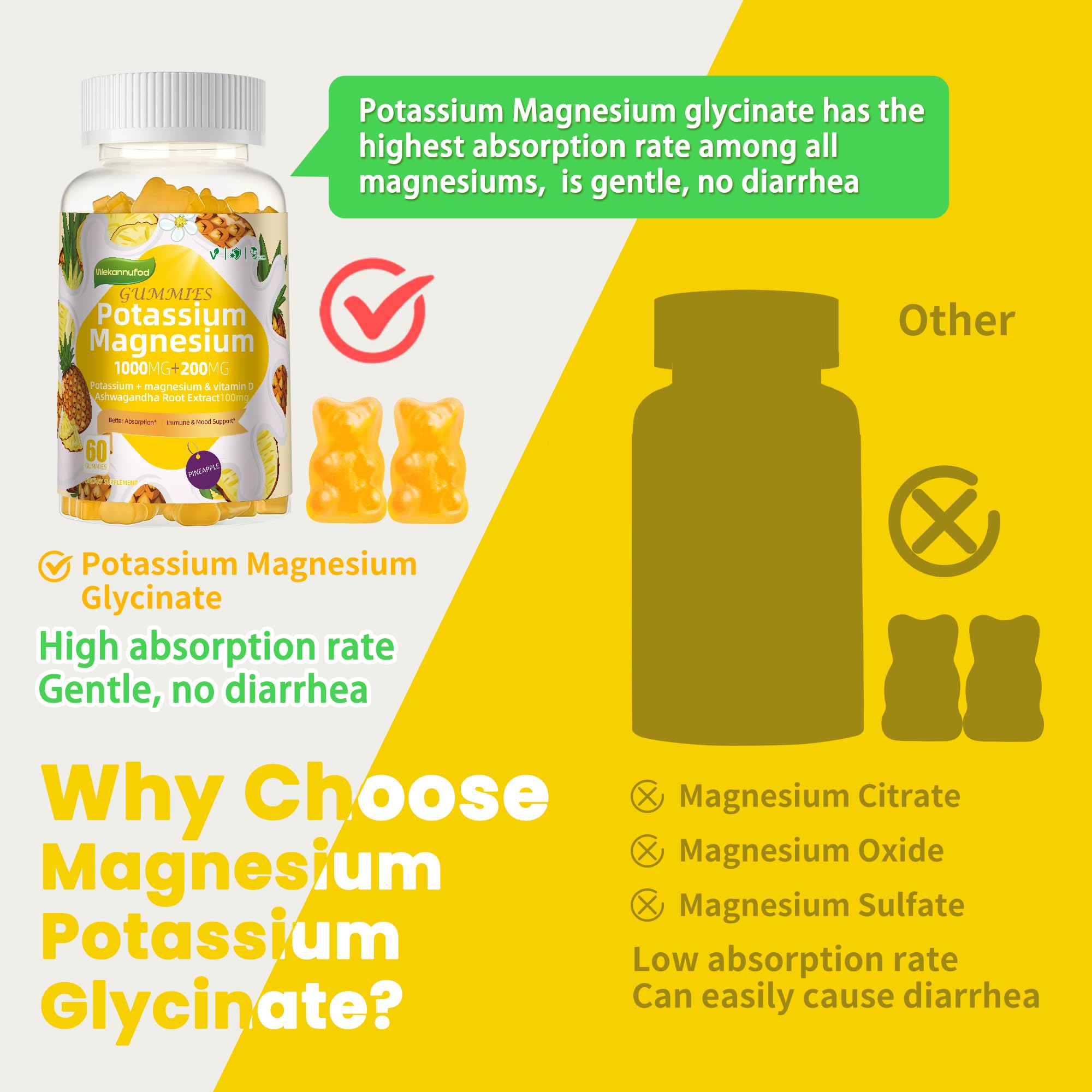 Potassium Magnesium Gummies,High Absorption Magnesium Glycinate,B6,D3,Potassium Citrate for Leg Cramps,Muscle,Electroyte for Adults Kids,Sugar-Free, 60 Gummies (Pineapple) WekannufodBuy Supplements Australia
