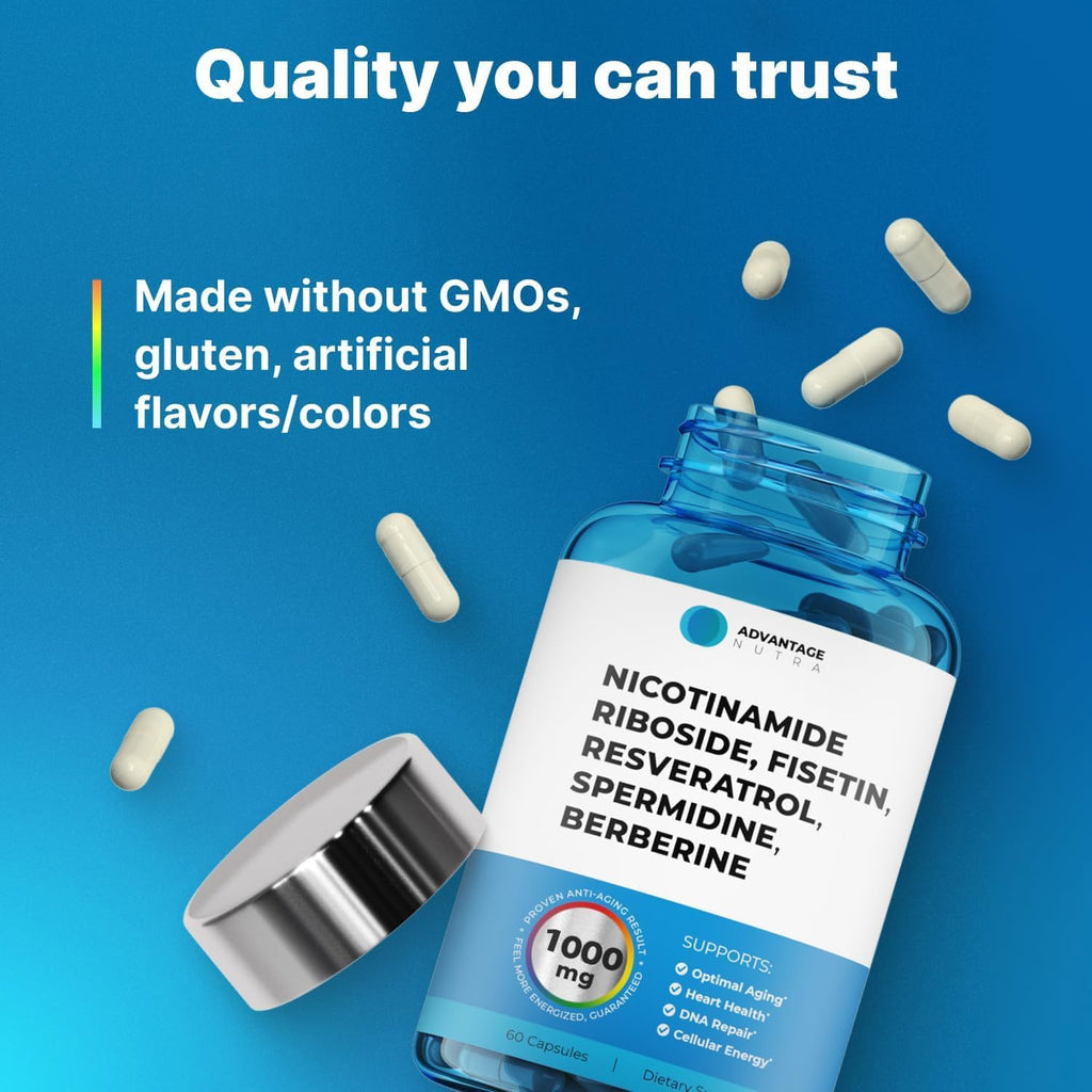 AdvantageNutra Liposomal Nicotinamide Riboside NR Supplement Resveratrol NAD : Nicotinamide 500mg w/Fisetin, Resveratrol Powder Spermidine Berberine NAD Resveratrol Supplement 500 mg - 60 caps 1 Pack AdvantageNutraBuy Supplements Australia
