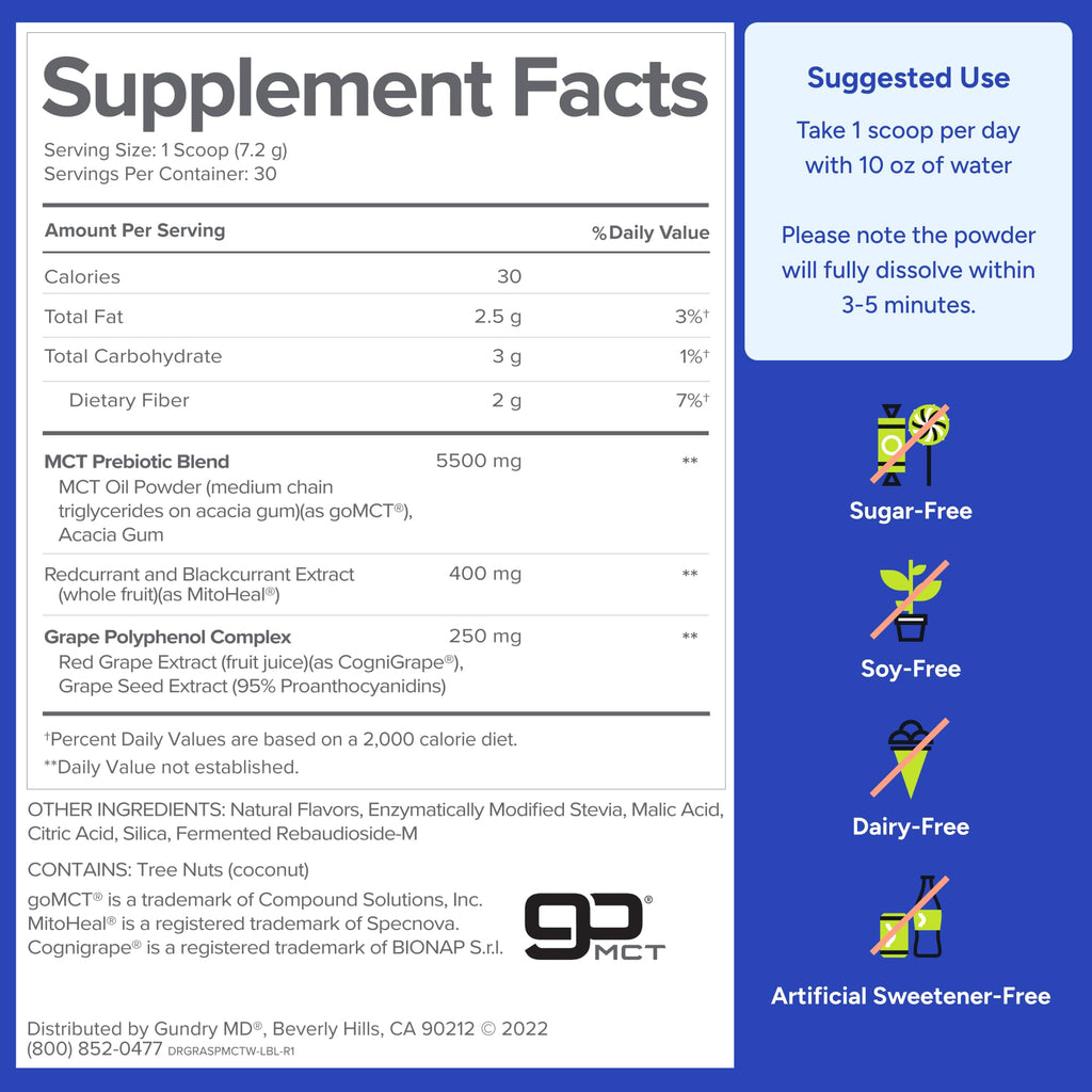 Gundry MD MCT Wellness Powder to Support Energy, Ketone Production and Brain Health, Keto Friendly, Sugar Free (30 Servings) (Raspberry Medley)