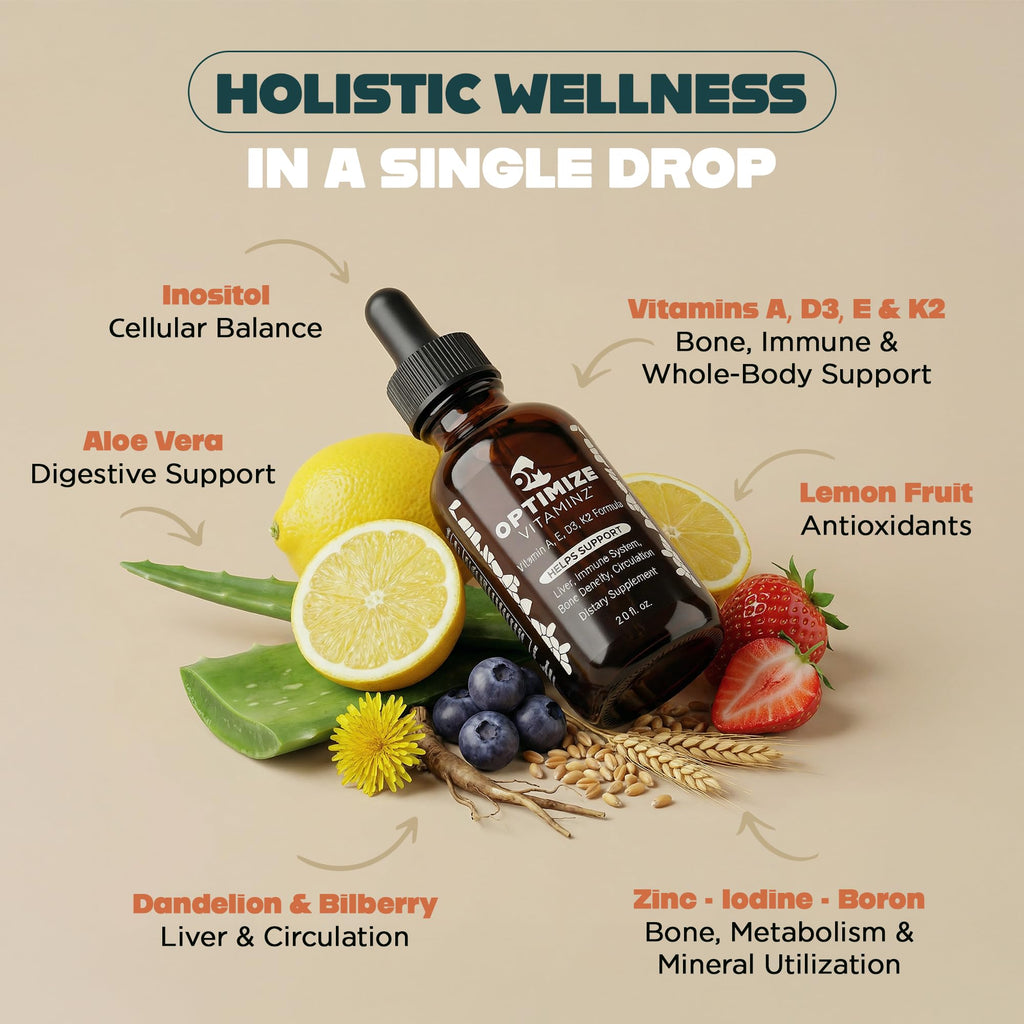 Optimize Vitaminz Liquid Vitamin D3 K2 Drops with Dandelion Root & Bilberry | Immune, Liver & Bone Support, MK-7 Formula, Fast Absorption Liquid Multivitamin, 30 Day Supply, 2 Fl Oz Optimize MineralsBuy Supplements Australia