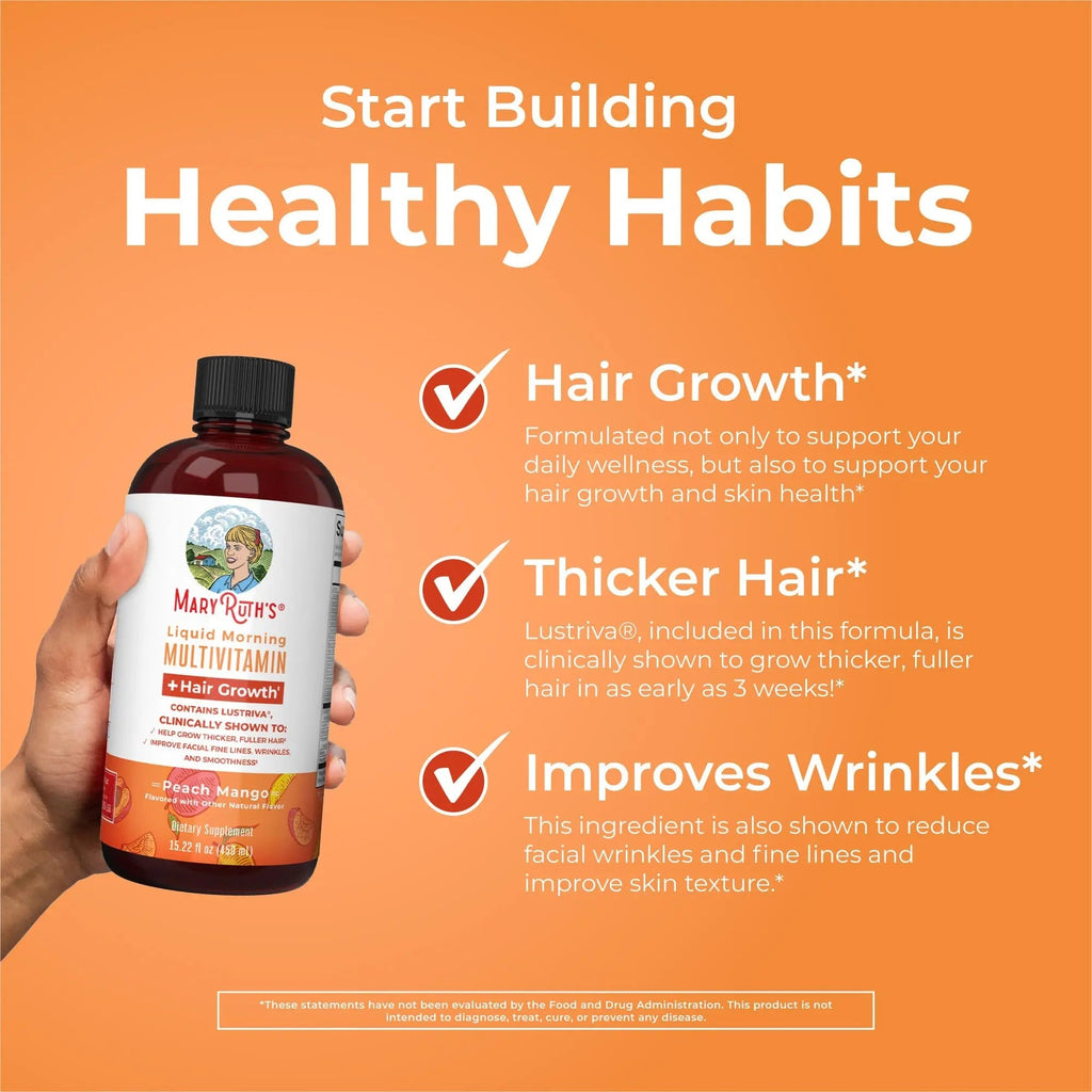 MaryRuth's MaryRuth's Liquid Morning Multivitamin +Hair Growth (Peach Mango, 15.22oz) & Iron Liquid (Berry) | Clean Label Project Verified® | MARYRUTH'SBuy Supplements Australia