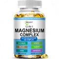 Bottle of magnesium complex supplement with visible label on a white background