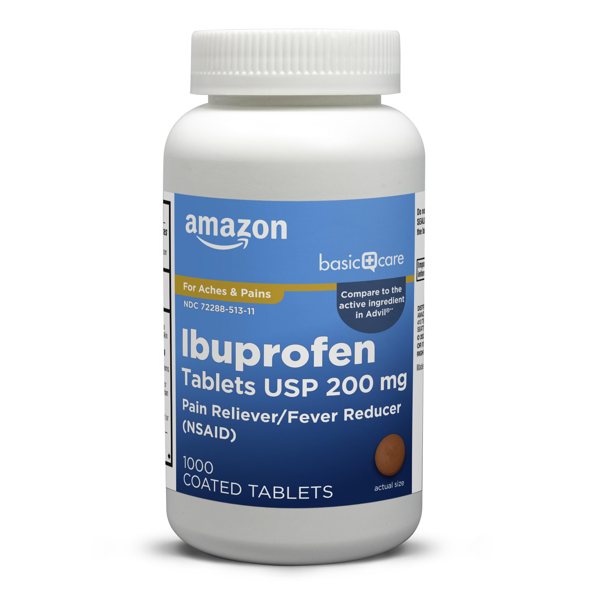 Amazon Basic Care Ibuprofen Tablets bottle on a white background