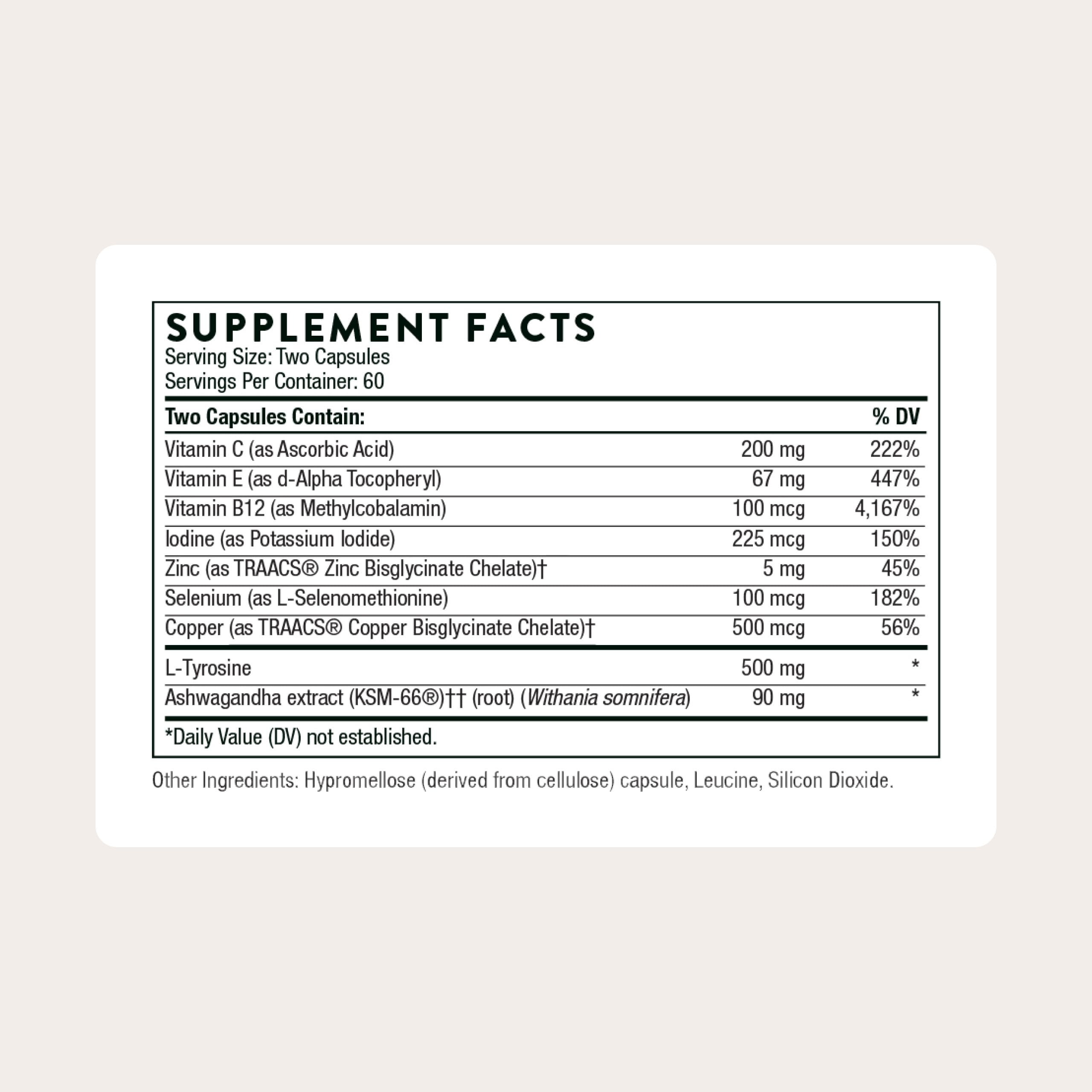 THORNE - Thyroid Health Complex (Formerly Thyrocsin) - Thyroid Cofactors for Thyroid Function Support* - Vitamins B12, C & E, Ashwagandha, Iodine, Zinc, Selenium, Copper & L-Tyrosine - 60 Servings THORNEBuy Supplements Australia