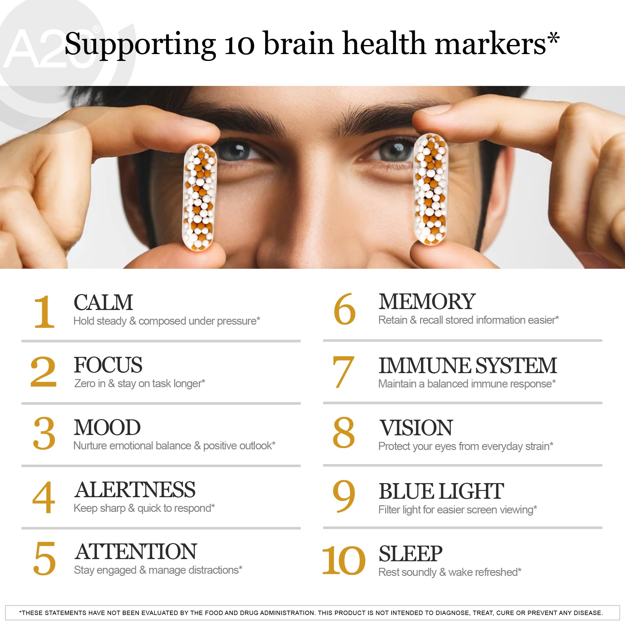 HCF A20 Microbead Brain Health Supplements for Adults for Memory, Focus, Calm, Mood, Alertness, Attention, Vision, Sleep, Immune System, 20 Premium Nootropic Nutrients Multivitamin & 7 Advances® Tech HCFBuy Supplements Australia
