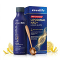 Everlife Liposomal NAD+ Liquid Shots with packaging and lemon slices on a white background