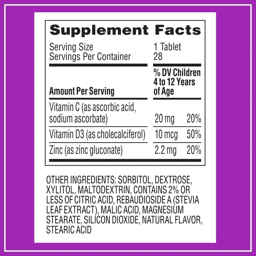 Zarbee's Kids Immune Support, Vitamin C, D & Zinc Daily Immunity Vitamins for Children 4+ Years, Natural Tropical Fruit Flavor, 28 Chewable Tablets Zarbee's