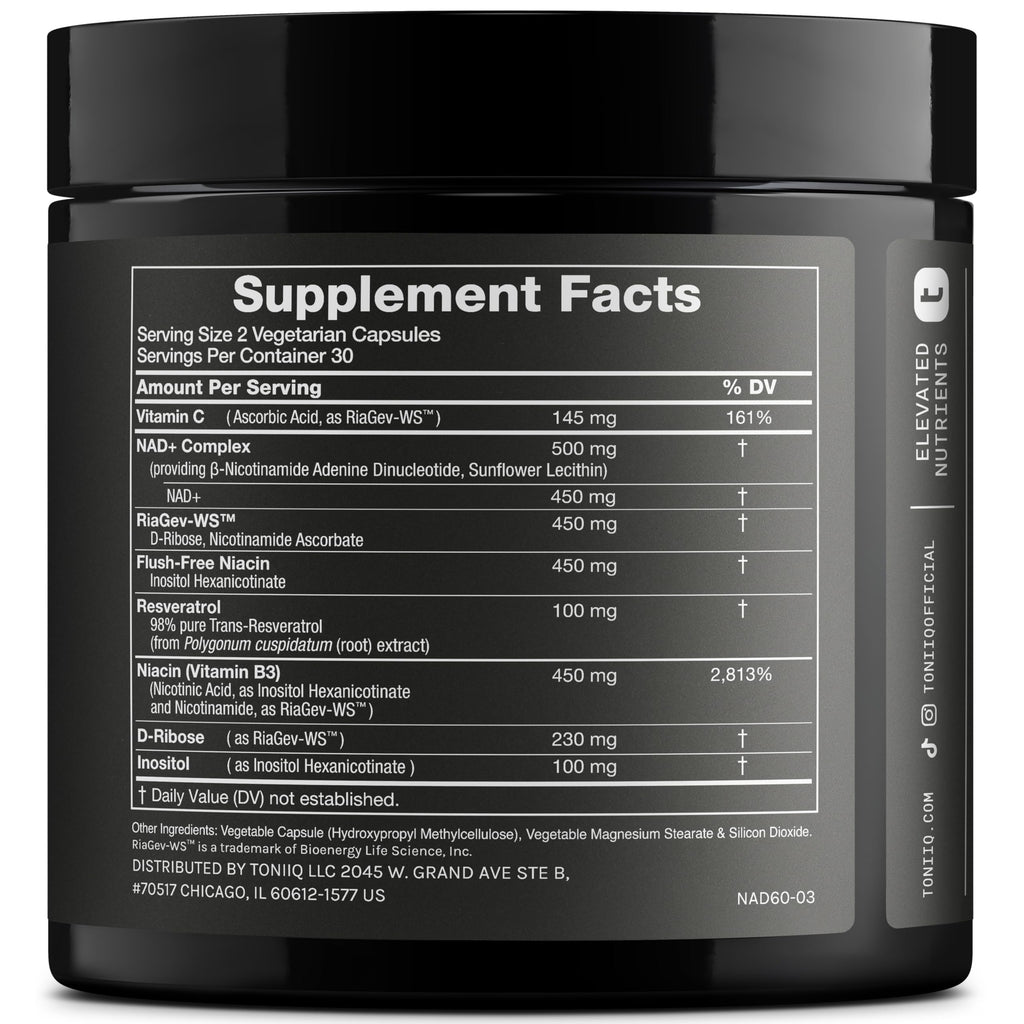 Toniiq Liposomal NAD+ and Resveratrol Supplement - 1500mg Ultra High Strength NAD Supplement - Clinically Studied Ingredients with Patented RiaGev-WS™, Resveratrol, and Niacin - 60 Capsules Toniiq buy supplements Au