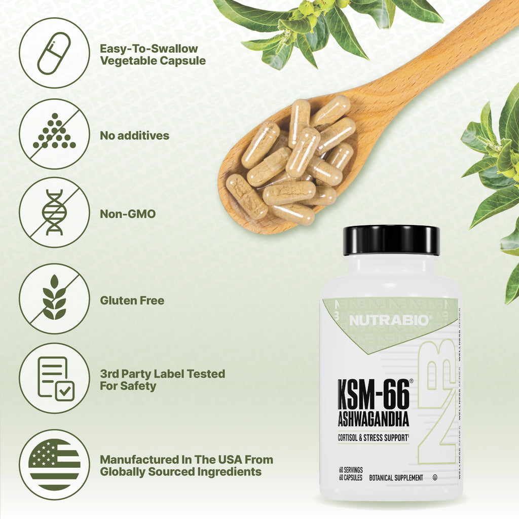 NutraBio Ashwagandha KSM-66 | Ashwagandha Herbal Supplement for Stress, Mood, & Performance | 600 MG of Clinically Studied KSM66 60 Capsules NutraBioBuy Supplements Australia