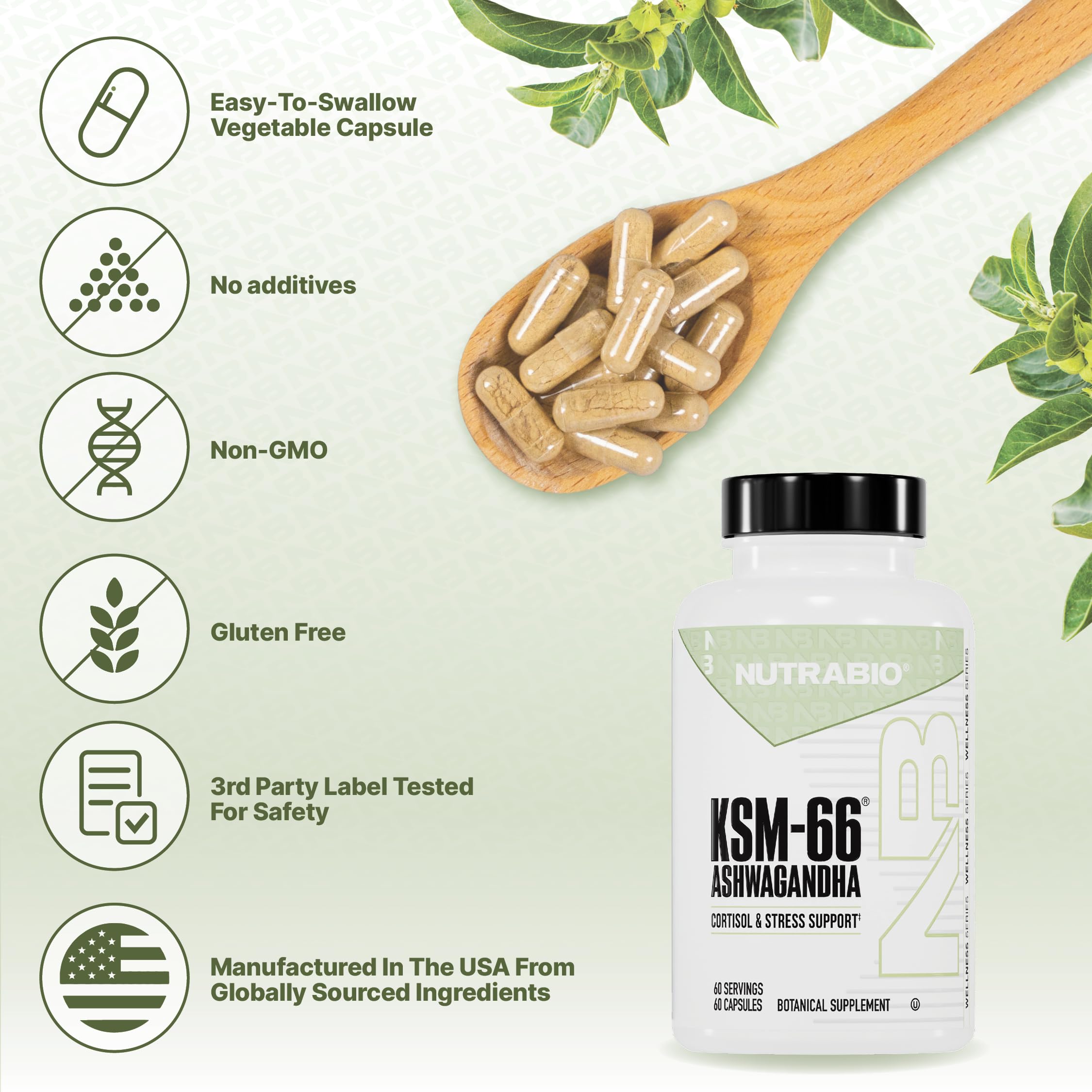 NutraBio Ashwagandha KSM-66 | Ashwagandha Herbal Supplement for Stress, Mood, & Performance | 600 MG of Clinically Studied KSM66 60 Capsules NutraBioBuy Supplements Australia