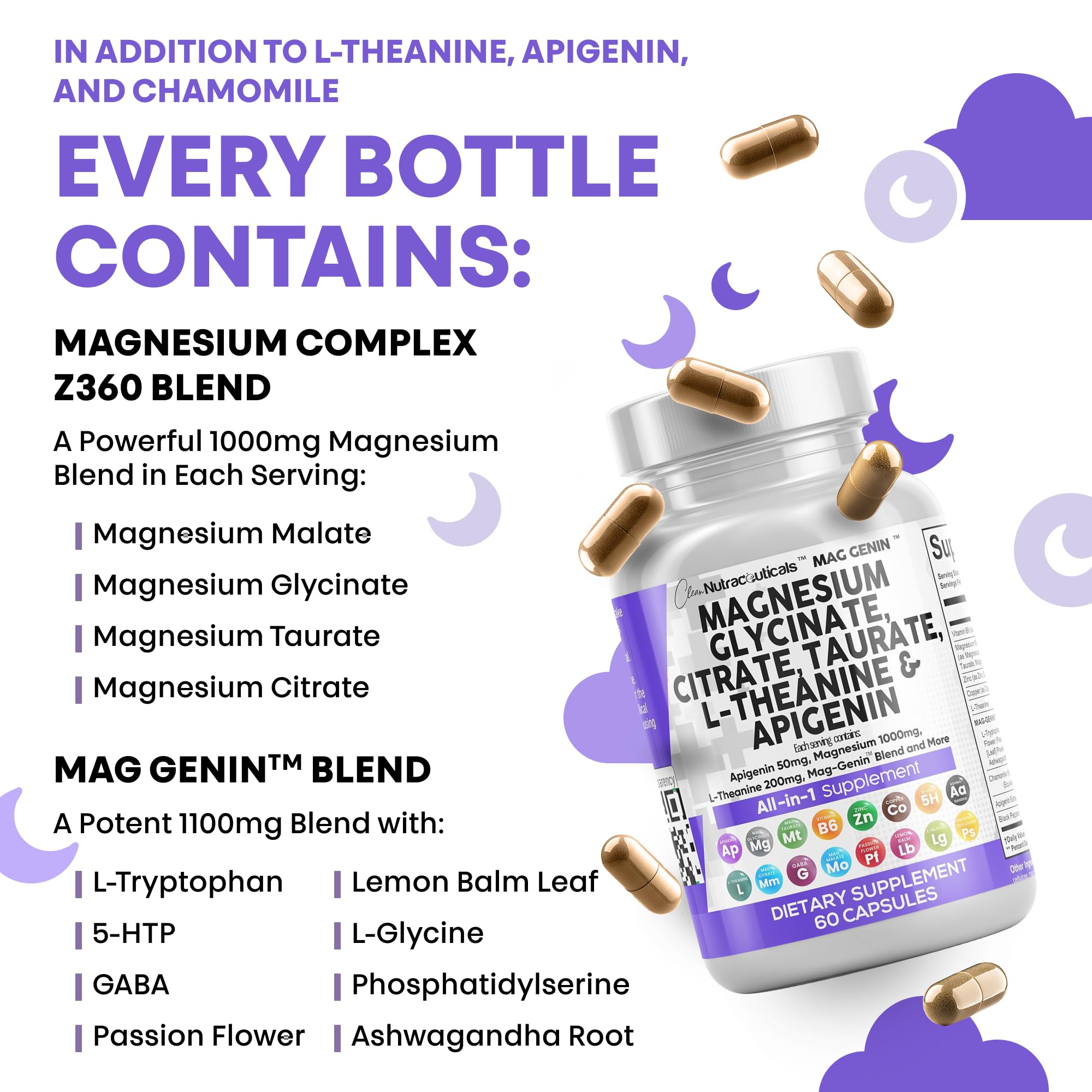 Clean Nutraceuticals Magnesium Glycinate Complex 1000mg with L-Theanine 200mg Apigenin 50mg Citrate Taurate Supplement - 5-HTP GABA Passion Flower Lemon Balm L-Glycine Phosphatidylserine - 60 Count Clean NutraceuticalsBuy Supplements Australia