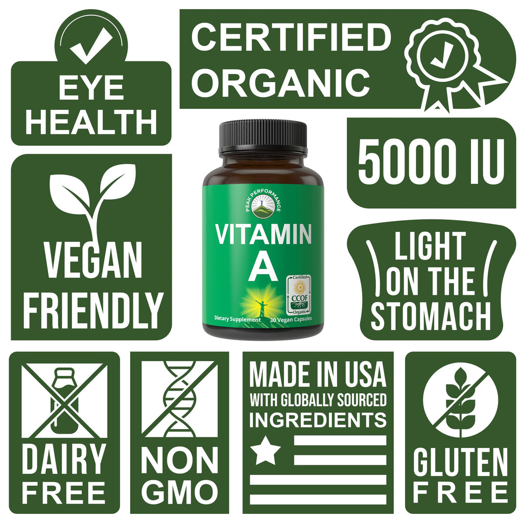 Certified Organic Vitamin A 5000 IU Supplement Capsules High Potency Vitamins. for Adults, Men, Women, Kids. Made with Carrot Juice. Great for Immune, Skin, Eye Support. Non GMO, Vegan Pills Peak PerformanceBuy Supplements Australia