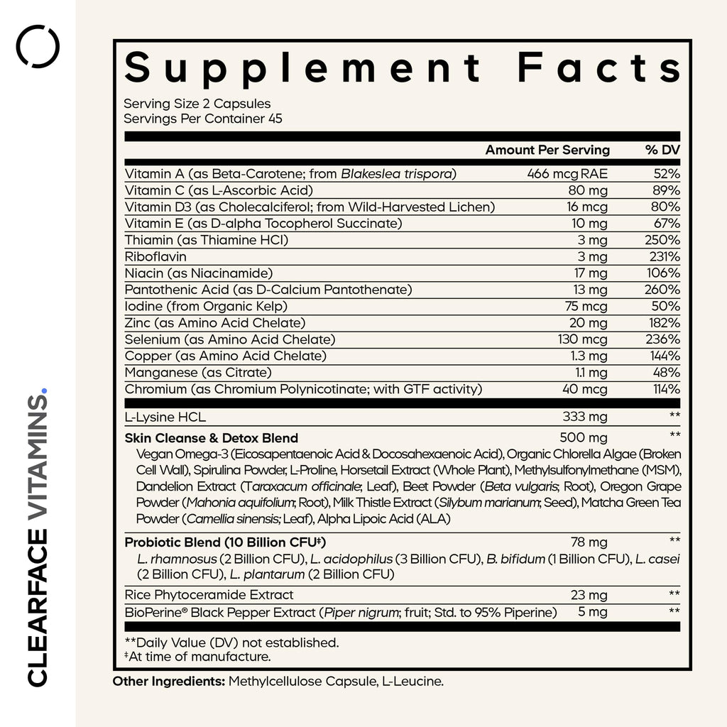Codeage Clearface Pantothenic Acid, Niacin Supplement, Vitamins A, C, D3, E, Probiotics, Zinc, Riboflavin, Thiamin, L-Lysine HCL & Omega-3, Niacinamide, Skin Botanical Blend - Non-GMO - 90 Capsules CodeageBuy Supplements Australia