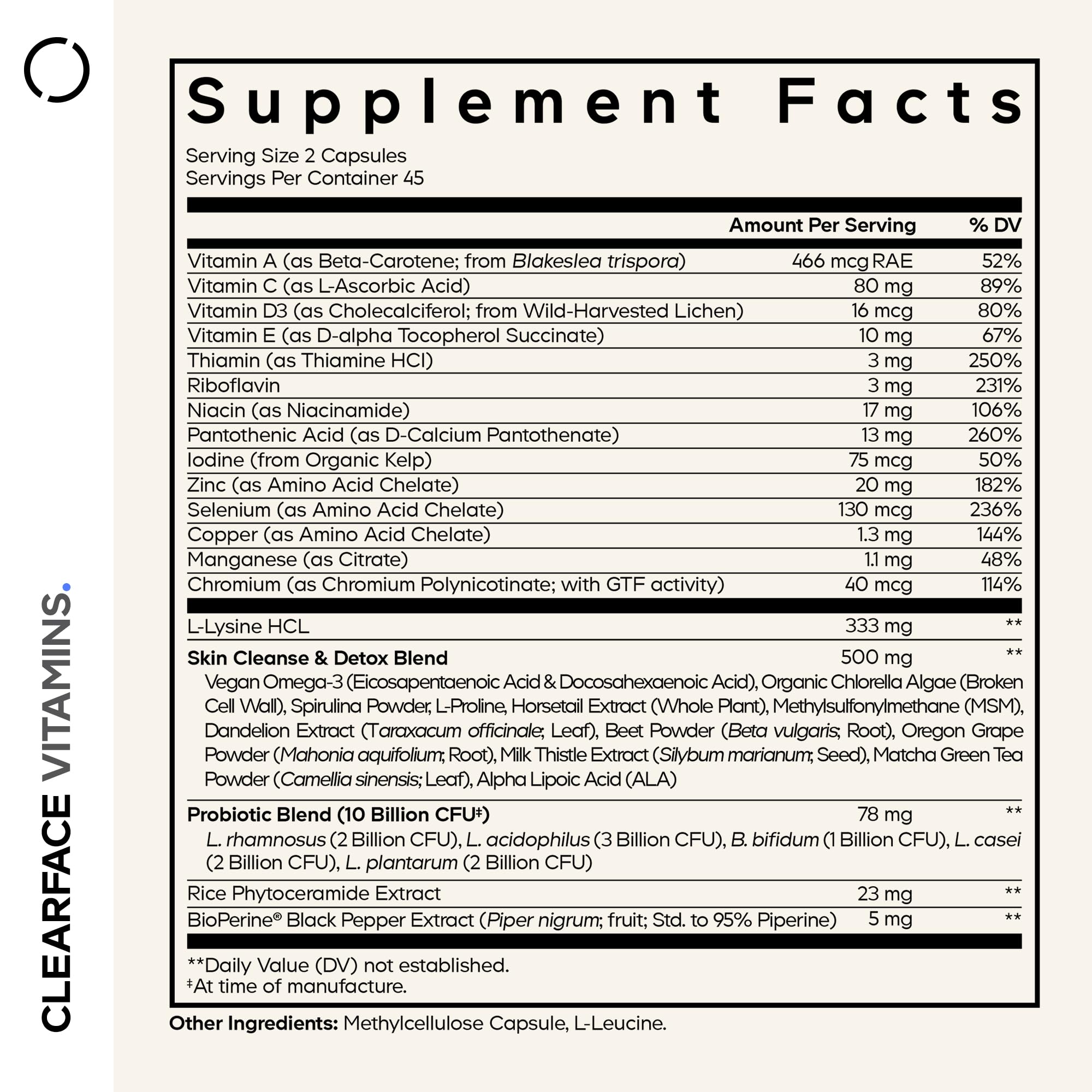 Codeage Clearface Pantothenic Acid, Niacin Supplement, Vitamins A, C, D3, E, Probiotics, Zinc, Riboflavin, Thiamin, L-Lysine HCL & Omega-3, Niacinamide, Skin Botanical Blend - Non-GMO - 90 Capsules CodeageBuy Supplements Australia