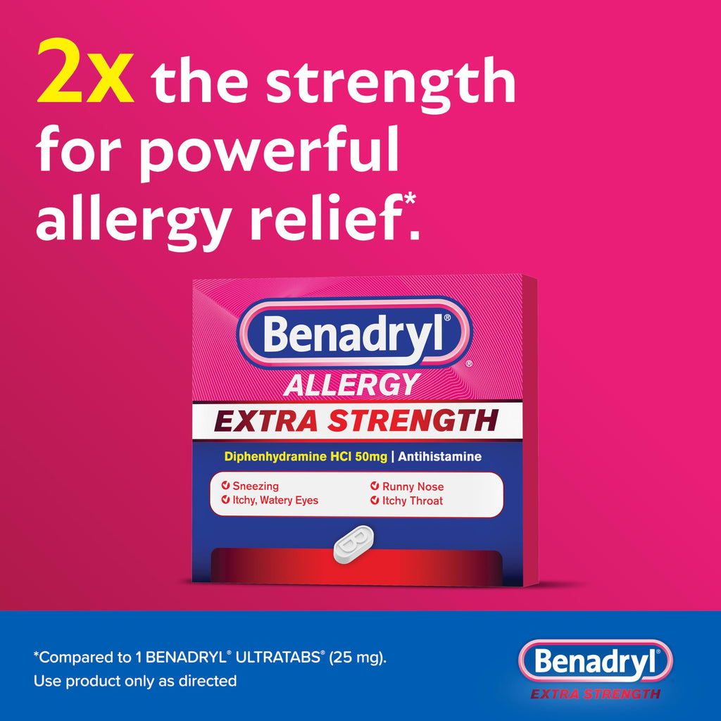 Benadryl Extra Strength Allergy Relief Medicine, 50 mg Diphenhydramine HCl Antihistamine Tablets for Relief of Allergy Symptoms Due to Hay Fever or Other Upper Respiratory Allergies, 24 ct Benadryl buy supplements Au