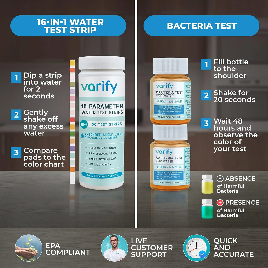 Varify 17in1 Complete Drinking Water Test Kit - 100 Strips + 2 Bacteria Tester Kits - Well, Tap, Home, City Water Testing Strip for Lead, Alkaline, Chlorine, Hardness, Iron, Fluoride, Copper & More VARIFYBuy Supplements Australia