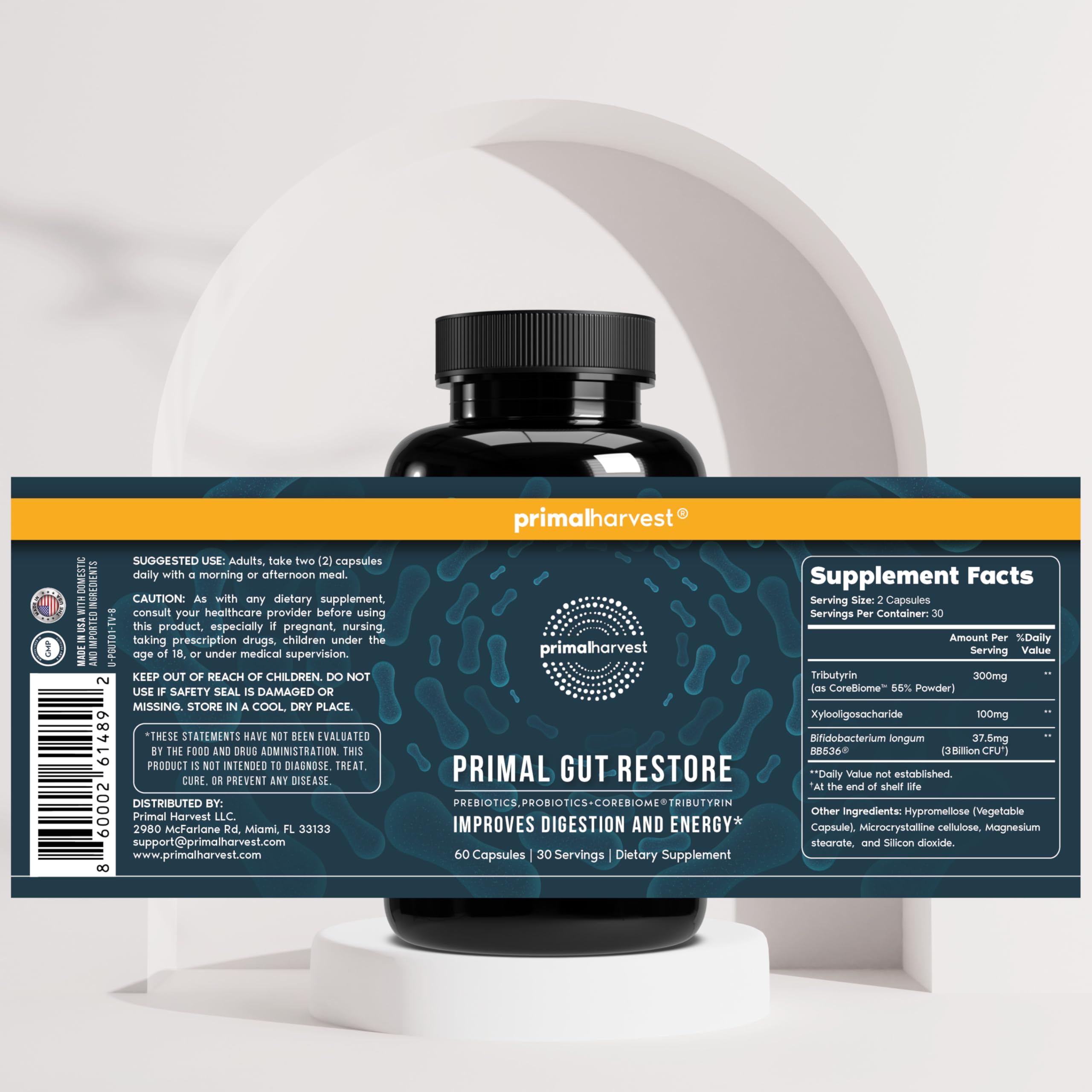 Primal Harvest 2 Pack, Restore for Gut Health, Primal Gut Restore w/POSTbiotics, PREbiotics and PRObiotics for Women and Men, 60 CT - Digestion,