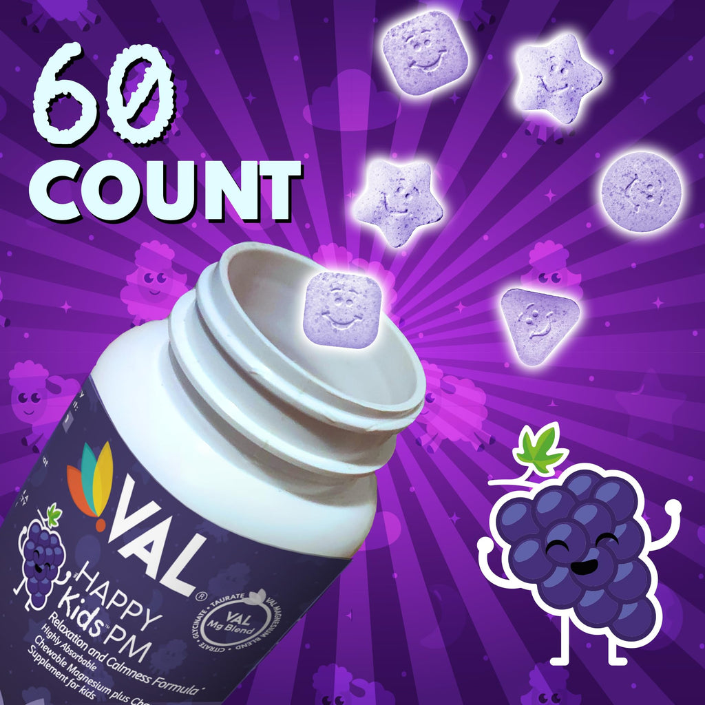 VAL Kids PM Magnesium Gummies | Sugar-Free Chewable Tablets with Chamomile, Magnesium Glycinate + Citrate + Taurate | Vitamin B6 & C | Natural Grape Flavor | Sleep & Calm Support | 60 Ct | Ages 4+ VALBuy Supplements Australia