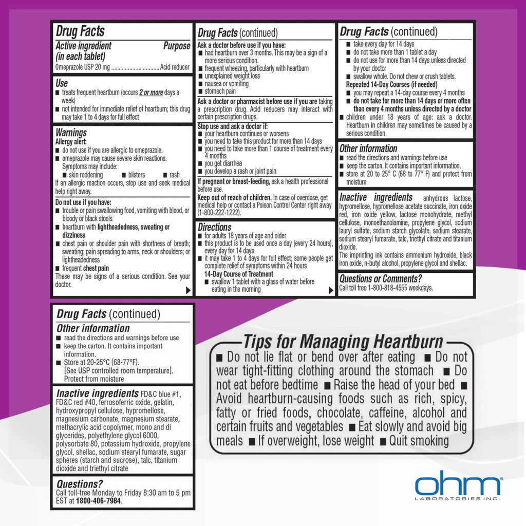 Ohm Omeprazole 20mg, 42 Delayed-Release Tablets, Acid Reducer for Frequent Heartburn, 24-Hour Relief Heartburn Medicine, Helps Relieve Stomach & Chest Discomfort (6 Weeks of Supply, 42, Count) Ohm buy supplements Au