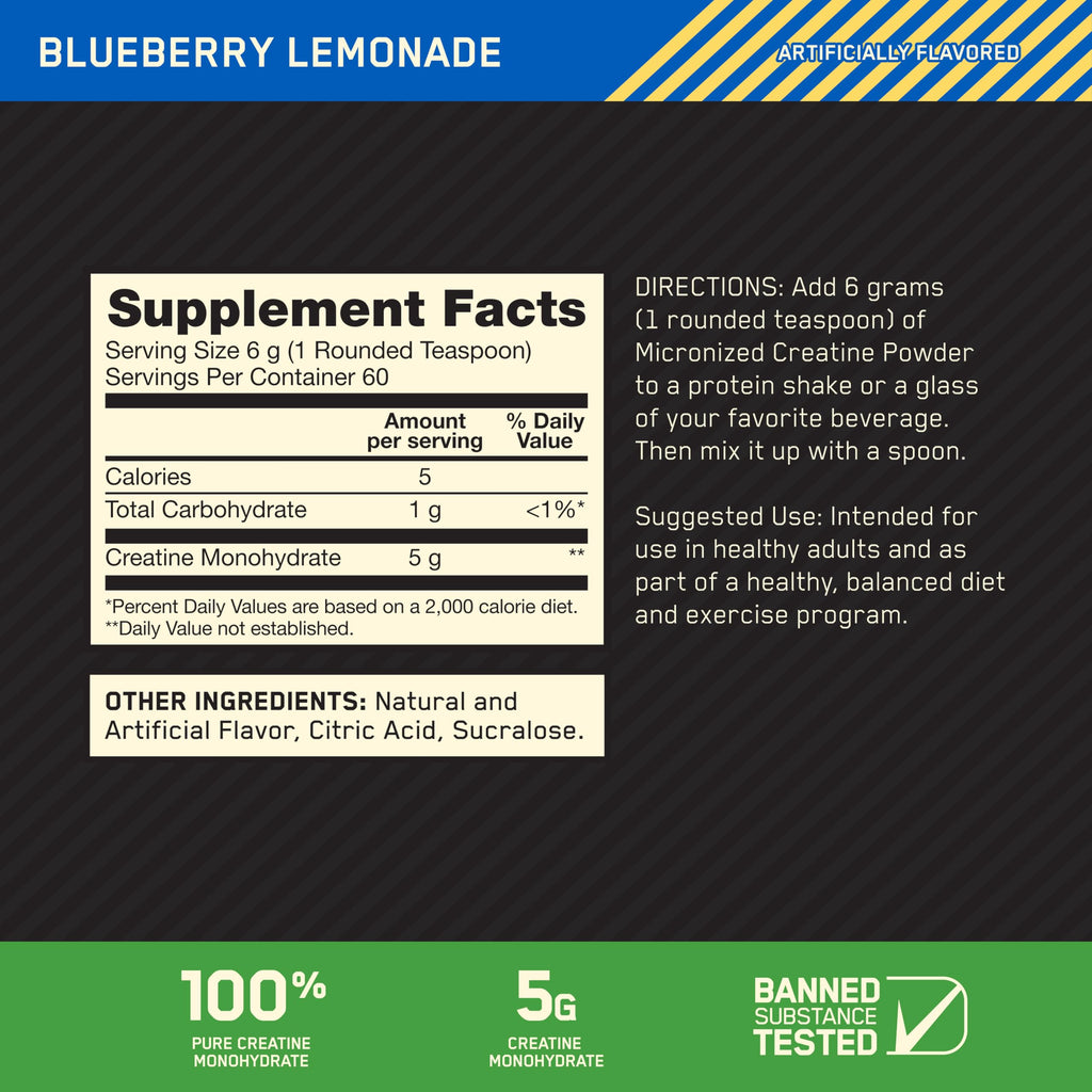 Optimum Nutrition Micronized Creatine Monohydrate Powder, Blueberry Lemonade Creatine, 60 Servings, 360 Grams (Packaging May Vary)