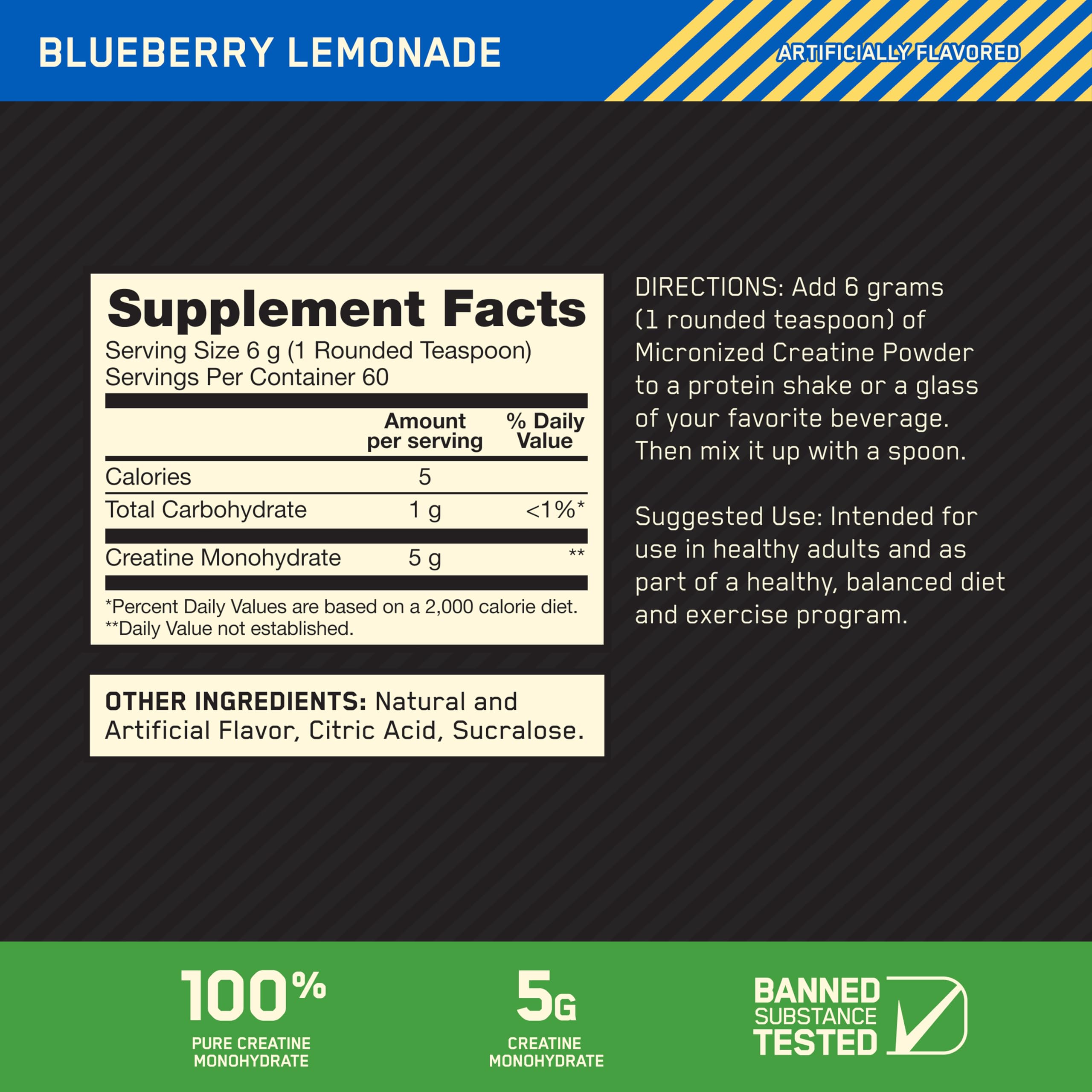 Optimum Nutrition Micronized Creatine Monohydrate Powder, Blueberry Lemonade Creatine, 60 Servings, 360 Grams (Packaging May Vary)