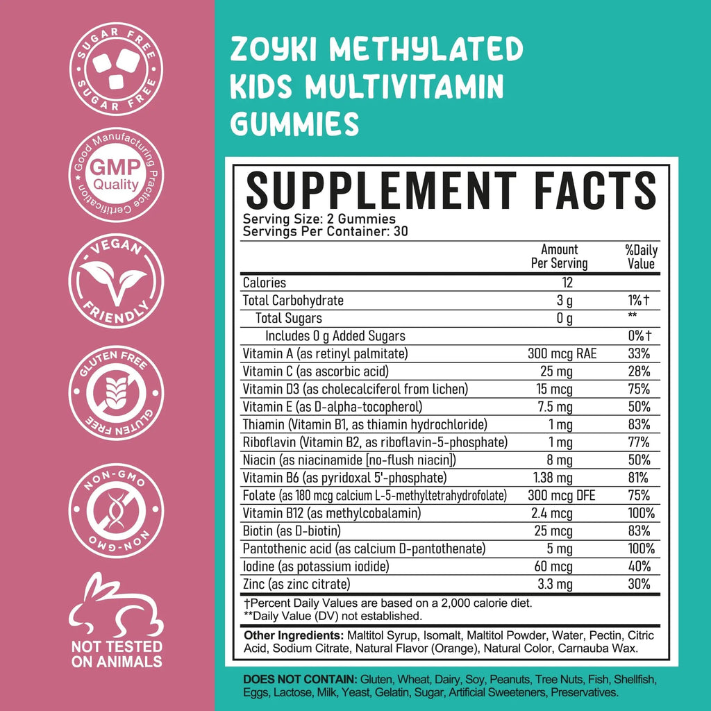 Zoyki Methylated Multivitamin Gummies for Kids - Children’s MTHFR Support Supplement with B Complex 5-MTHF Folate (L-Methylfolate) Zoyki