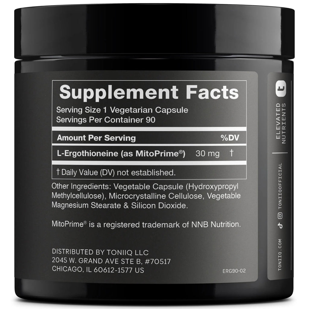 Ergothioneine with Clinically Studied MitoPrime® - High Potency 30mg with 98% Purity - Fermentation-Based L Ergothioneine Supplement - Longevity and Immune Support - Third-Party Tested, 90 Capsules Toniiq buy supplements Au