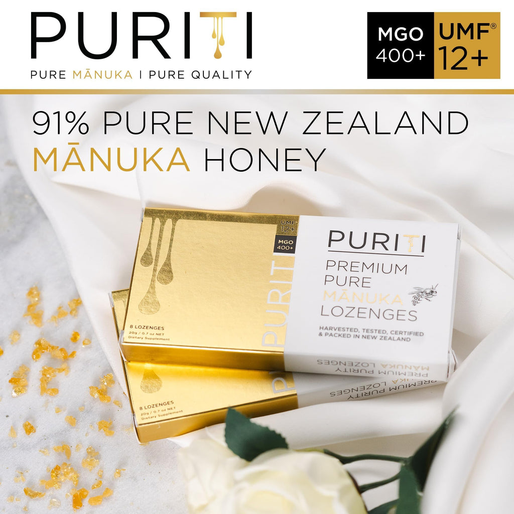 PURITI Premium Manuka Honey Lozenges High Potency - Sugar Free Drops | Genuine New Zealand Raw Manuka Honey Soothers for Coughs & Sore Throats | UMF Certified MGO 400+ UMF12+ (16 Pack) PURITI buy supplements Au