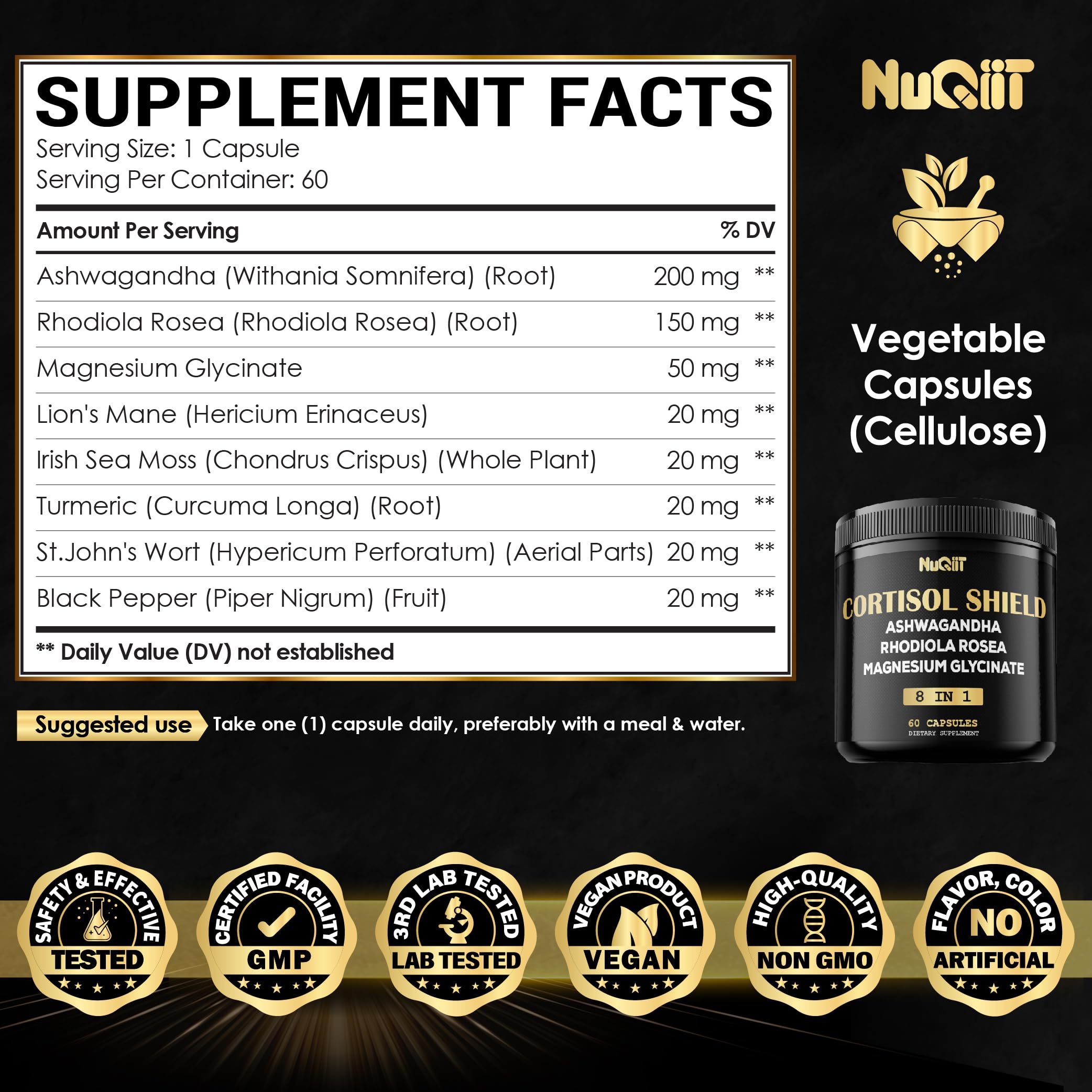 8in1 Cortisol Shield - Ashwagandha and Magnesium, Rhodiola Rosea, Lions Mane, Sea Moss, Turmeric, St Jonh's Wort - Mind& Mood Balance, Rest Well, Support Immume - 60 Capsules NUQIITBuy Supplements Australia