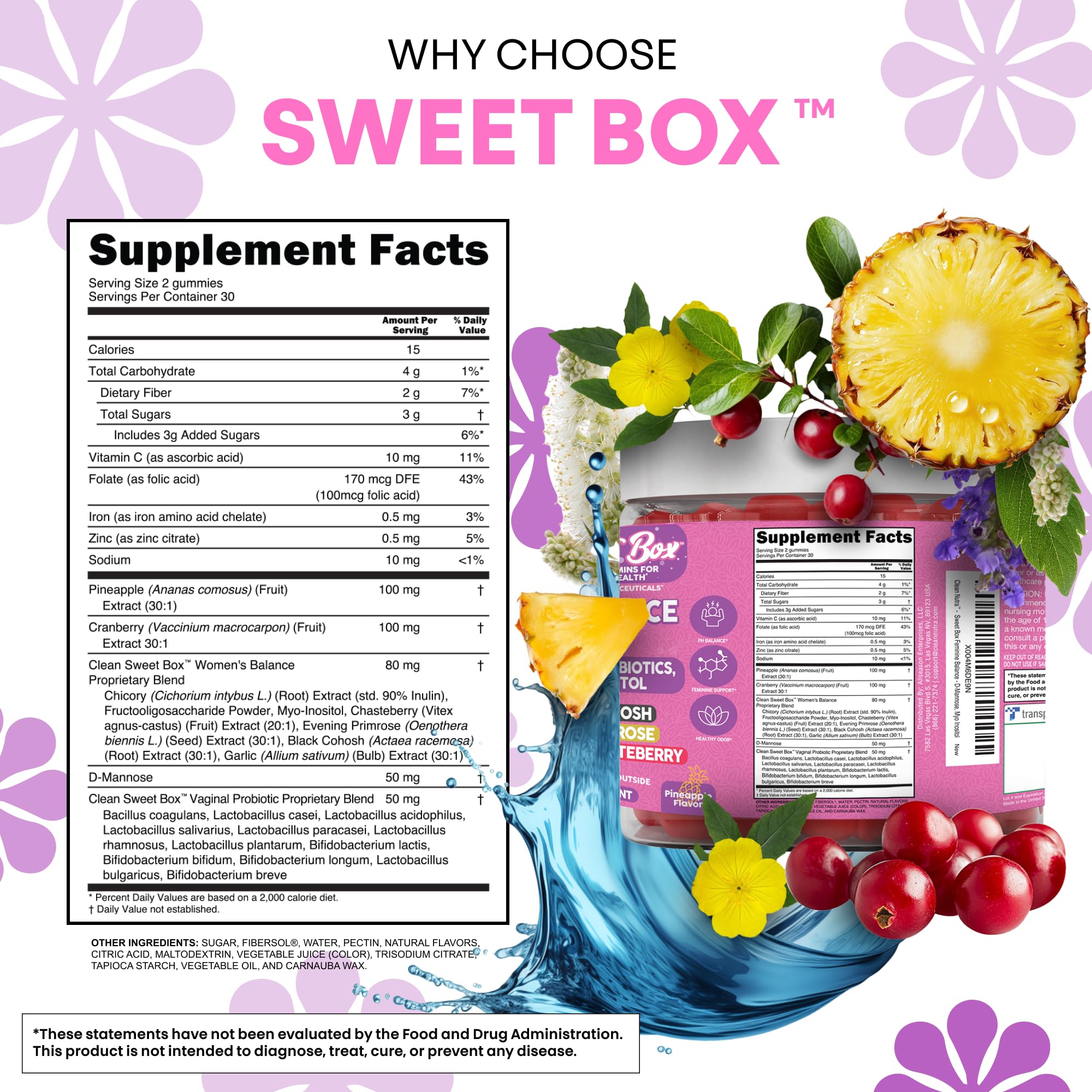 Clean Nutra Feminine Balance Gummies for Women Pineapple VaginalProbiotics pH Balance Cranberry D Mannose Supplement Inositol Black Cohosh Evening Primrose Garlic Vitex GLA Prebiotics Folate 60ct Clean NutraceuticalsBuy Supplements Australia