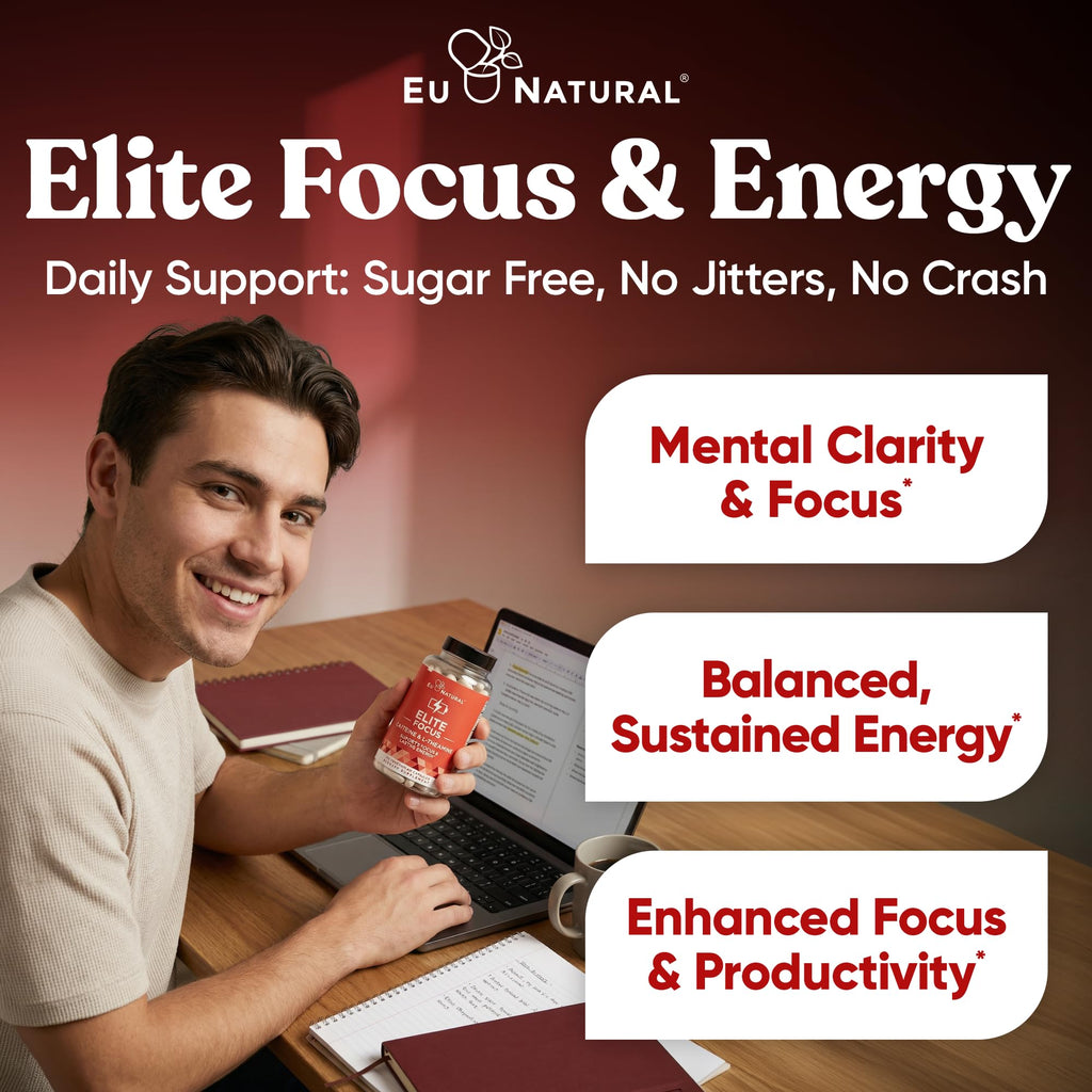 Eu Natural Elite Caffeine Pills with L-Theanine - 100mg Caffeine + 200mg L-Theanine - Jitter-Free Focused Energy & Clean Nootropic Stack - 240 Soft Capsules Eu NaturalBuy Supplements Australia