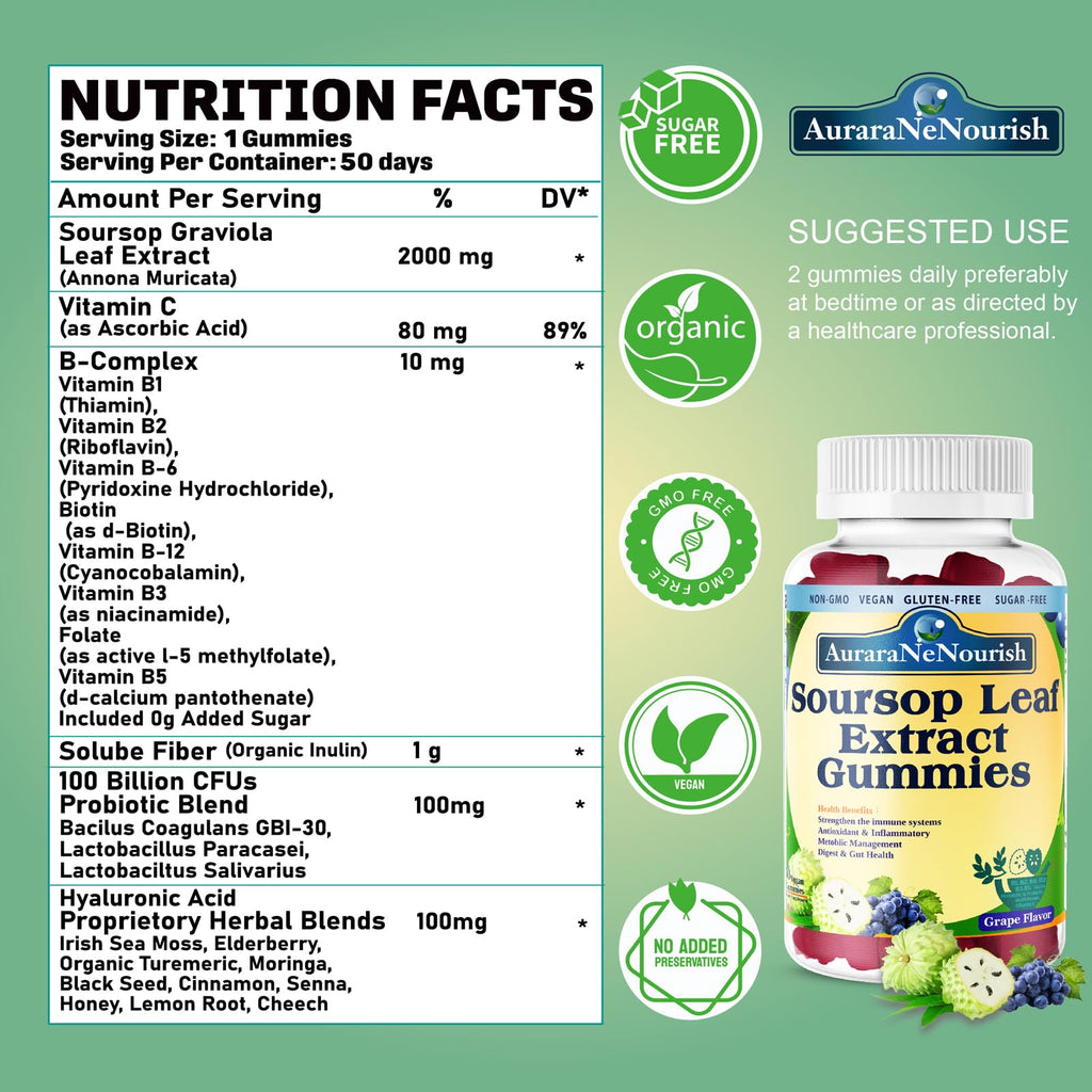 AuraraNeNourish Sugar Free Soursop Gummies with Probiotics & Fiber 100 Billion CFUs, Organic Soursop Leave Extract with Vitamin C B-Complex for Digestive Gut Health, Energy Balance, Immune Boost AuraraNeNourishBuy Supplements Australia