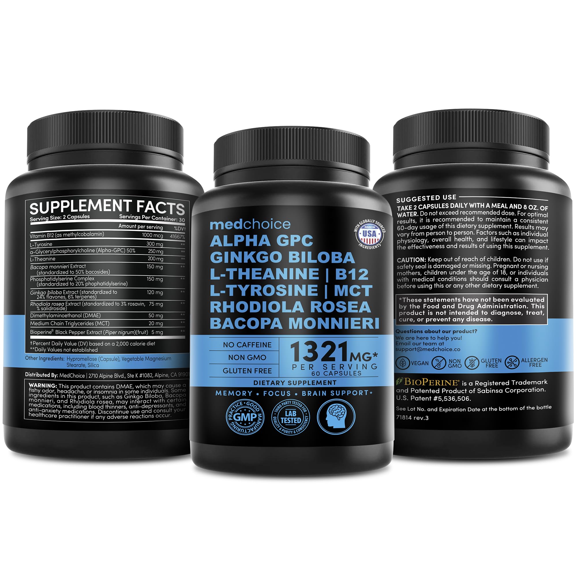 12-in-1 Nootropic Brain Supplement Anhydrous: Ginkgo Biloba for Brain Support, Memory and Focus - B12, Alpha GPC, L Theanine and Choline Supplements with Bioperine non Caffeinated 1321mg (120ct) MEDCHOICEBuy Supplements Australia