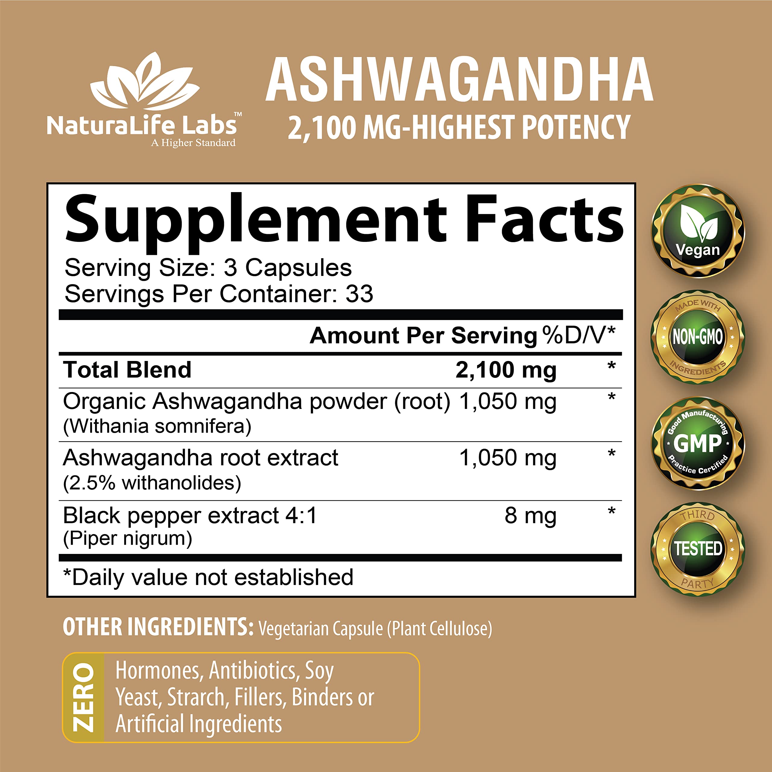 Organic Ashwagandha 2,100 mg - 100 Vegan Capsules Pure Organic Ashwagandha Powder NaturaLife Labs A Higher StandardBuy Supplements Australia