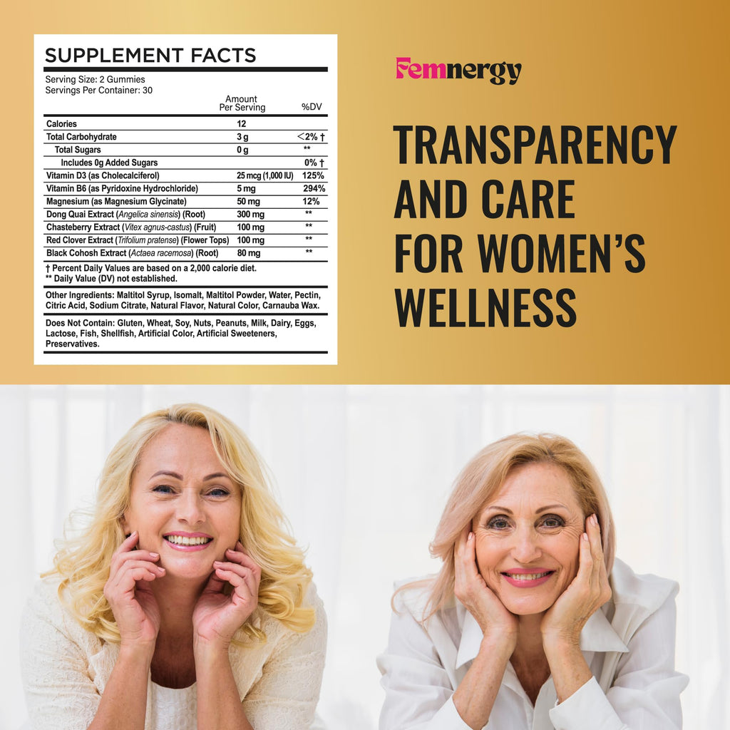 Femnergy Perimenopause Support Gummies for Women - Menopause Relief Estrogen & Hormone Balance Supplement with Black Cohosh Chasteberry Vitamins D3 B6 for Hot Flashes Night Sweats & Mood Swings FemnergyBuy Supplements Australia