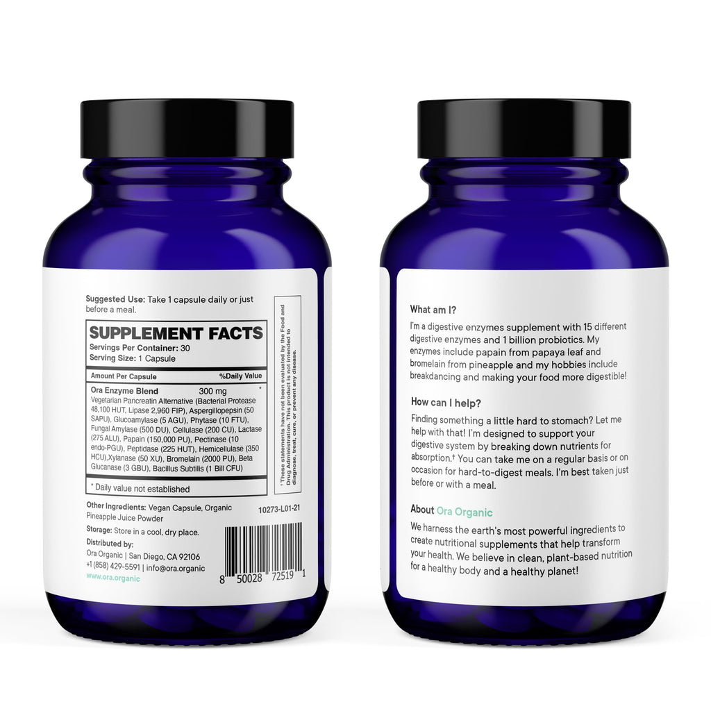 Ora Organic Multi-Enzyme Supplement - Vegan, Gluten Free Enzymes for Digestion with Probiotics for Gut Health, Bloating, Constipation and Gas Relief - 30 Easy to Swallow Capsules Ora OrganicBuy Supplements Australia